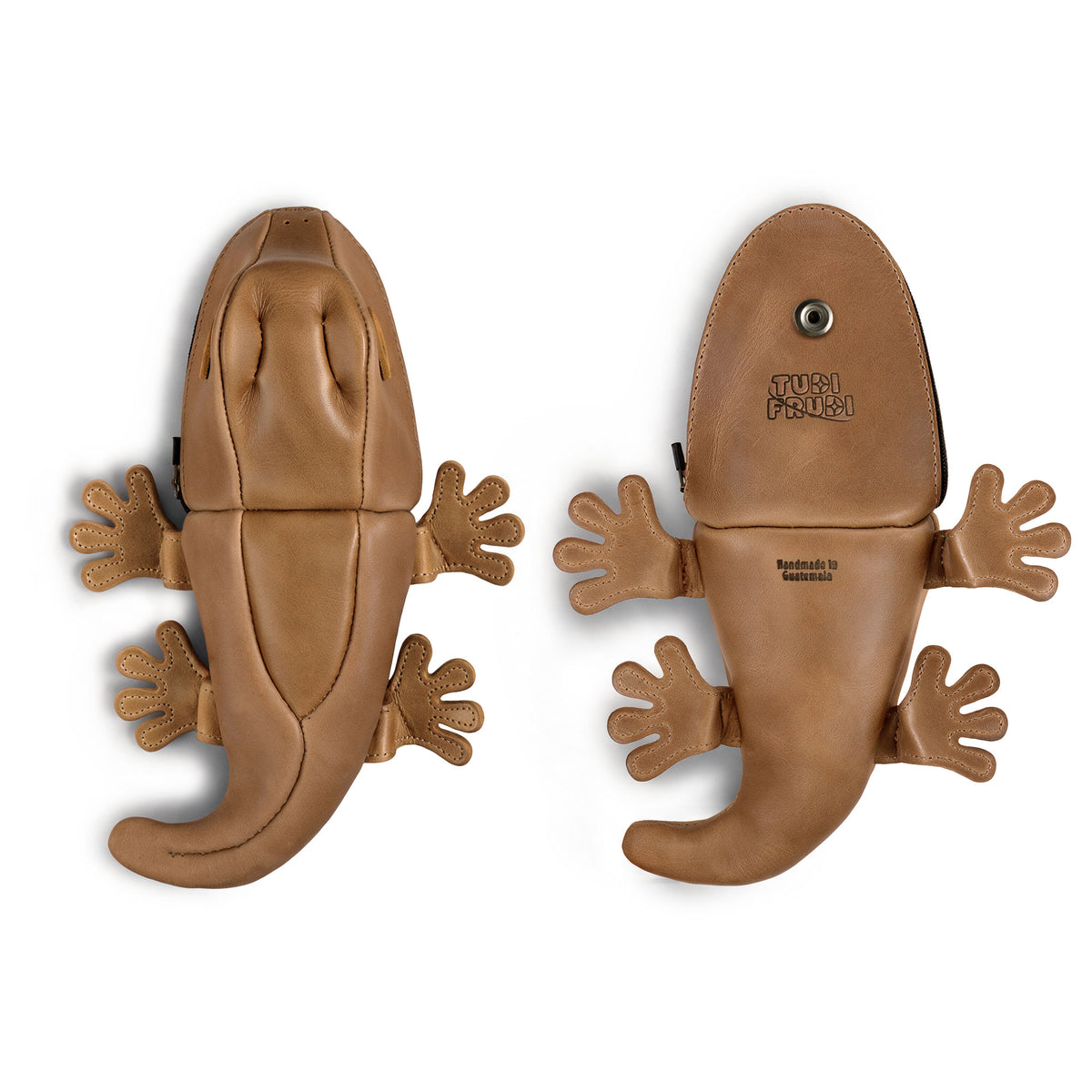 Tudi Frudi Gecko Pouch displayed from front and back to show its playful gecko shape, compact Gecko Pencil Pouch design, Small Pen Organizer function, Zippered Holder Wallet for Coins, Change Purse, and versatile Money Pouches for Men and Women; the Full Grain Leather Cable Holder features StockyardX Small Batch Production, Hand Cut, Hand Sewn, Fire Branded Artisan construction, Handmade in La Antigua Guatemala & Oaxaca Mexico.