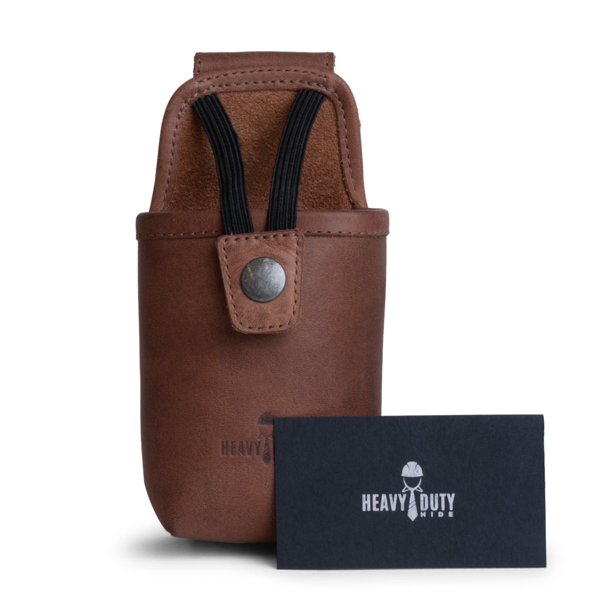 Heavy Duty Hide Radio Case with a business card display, highlighting its artisan design in full grain leather. Efficiently designed for walkie talkies, it serves as an easy-access tactical accessory. Handcrafted in La Antigua Guatemala and Oaxaca Mexico.