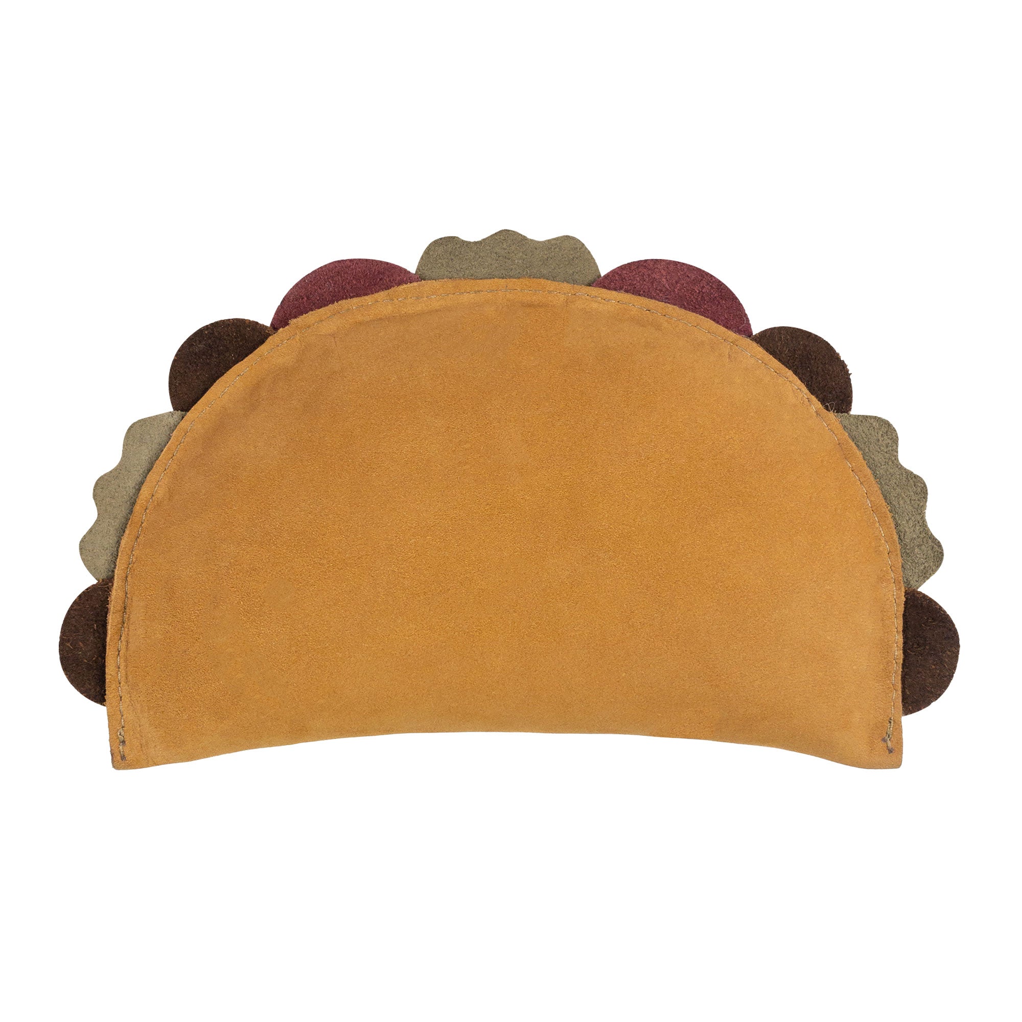 The backside view of Taco Dog's Taco-Shaped Chew Dog Toy, highlighting its full grain leather craftsmanship. An ideal accessory for puppies and active chewers, this artisan product is handmade in La Antigua Guatemala.