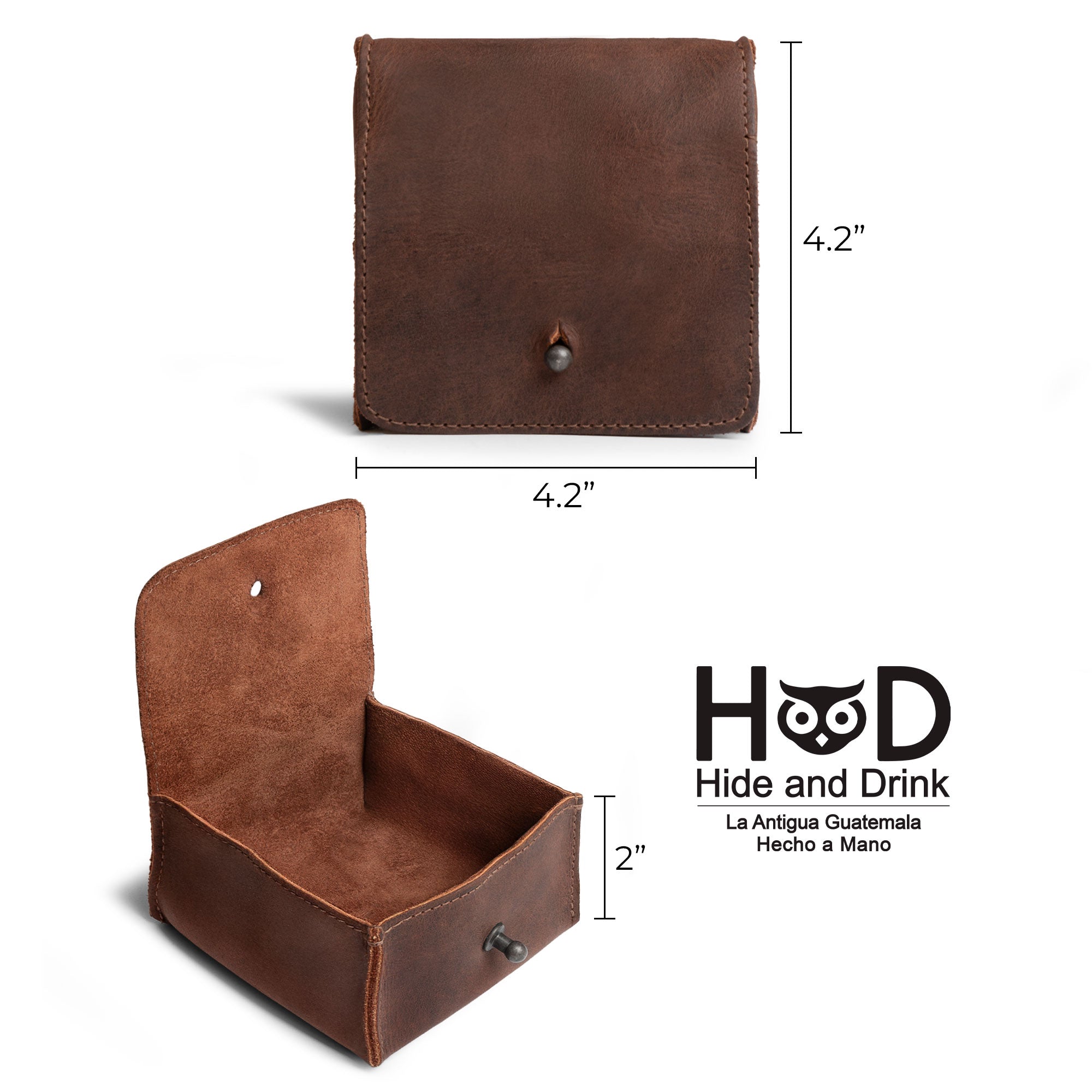Size chart of a Hide & Drink Jewelry Pouch featuring the brand's logo. Crafted from rich full grain leather, this mini mini travel size box is perfect for rings and makes for exceptional groom and bridesmaid gifts, highlighting artisan craftsmanship from Guatemala.