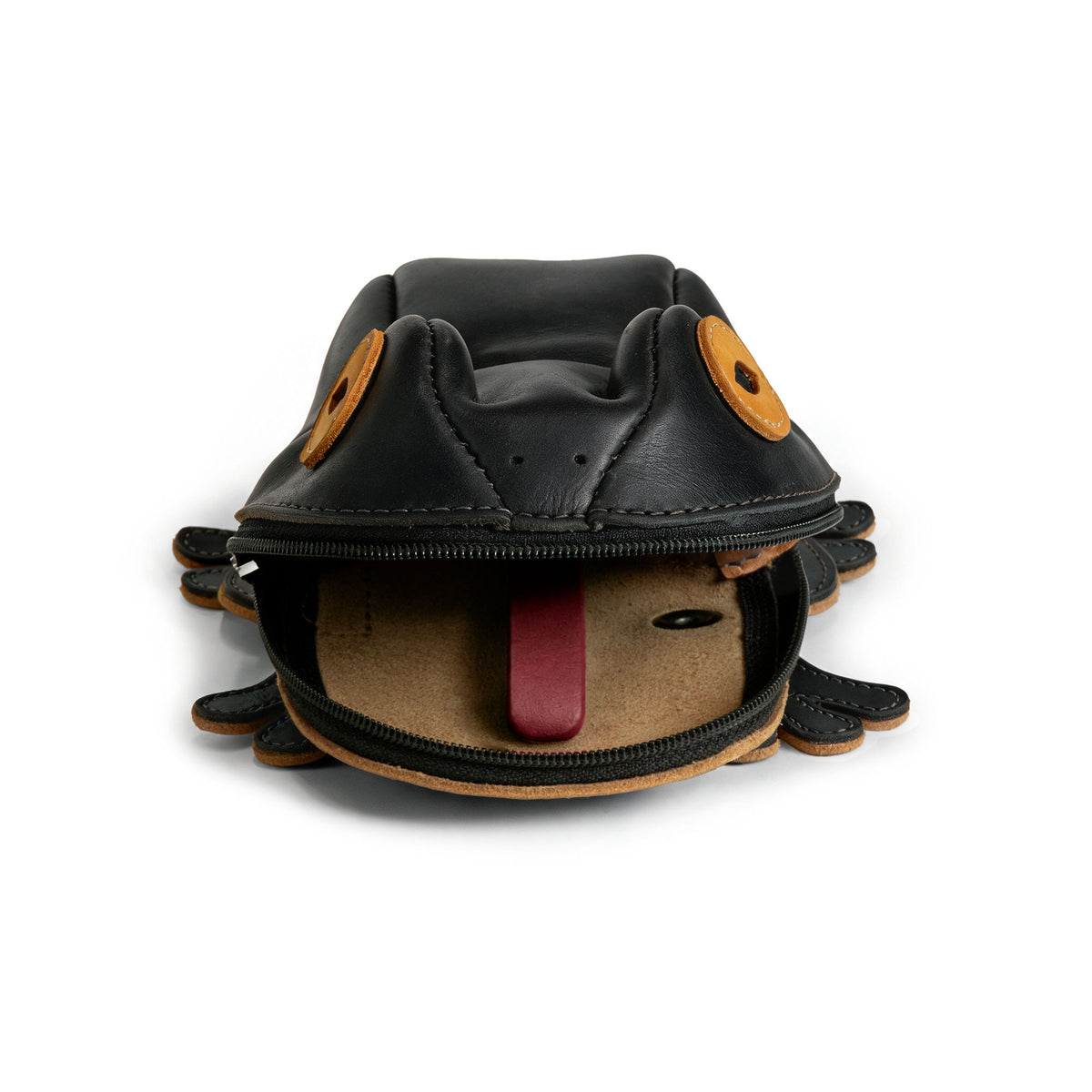 Front view of the open Tudi Frudi Frog Pouch with frog eyes and zipper, demonstrating a Frog-Shaped Pouch, Full Grain Leather Small Accessory Case, Cable Organizer, Zippered Cash Holder Wallet for Coins, Change Purse, and Pouches for Men and Women. StockyardX Small Batch Production, Hand Cut, Hand Sewn, Fire Branded, Artisan, Handmade in La Antigua Guatemala & Oaxaca Mexico.