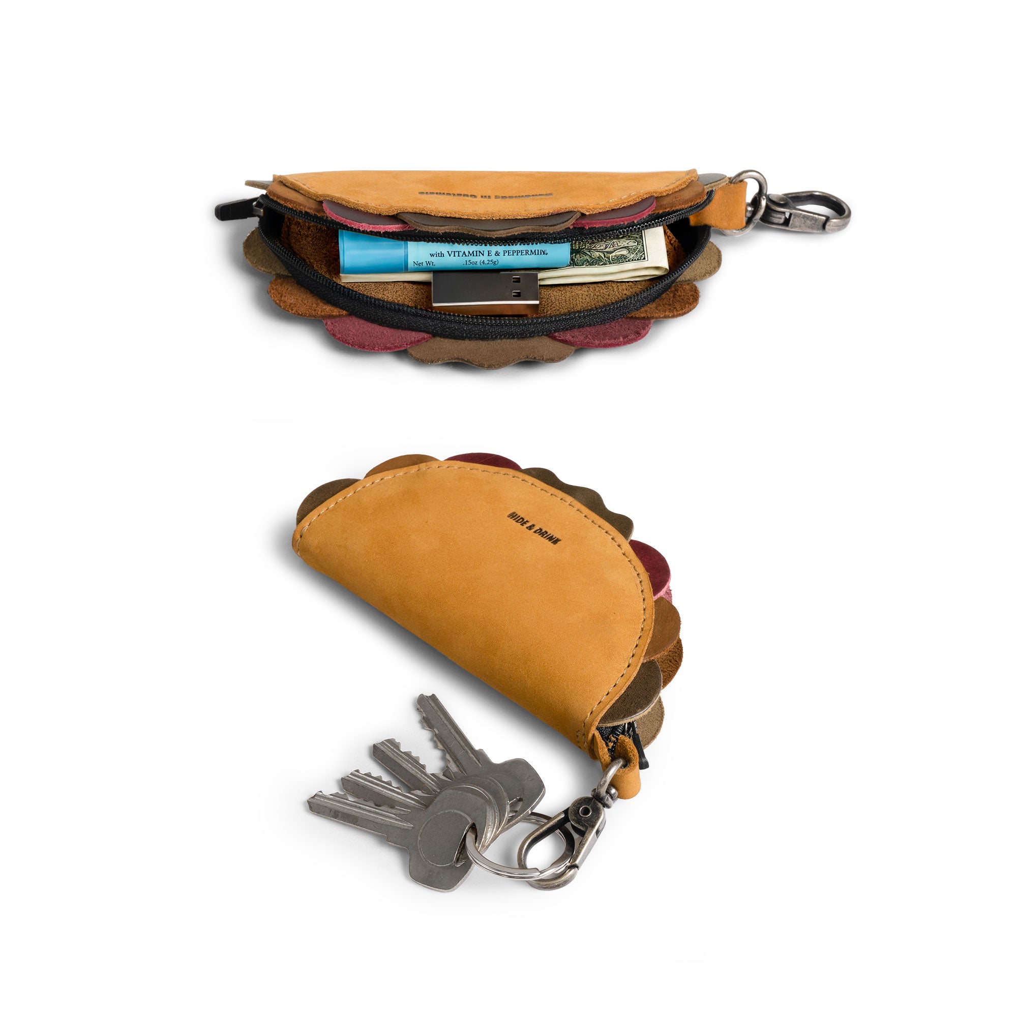Hide & Drink Taco Zip Pouch Bag Charm Key Chain shown open with small essentials inside and keys attached, highlighting its compact full grain leather construction. Taco Zip Pouch Bag Charm Key Chain Full Grain Leather, StockyardX, Small Batch Production, Hand Cut, Hand Sewn, Fire Branded, Artisan, Handmade in La Antigua Guatemala & Oaxaca Mexico.