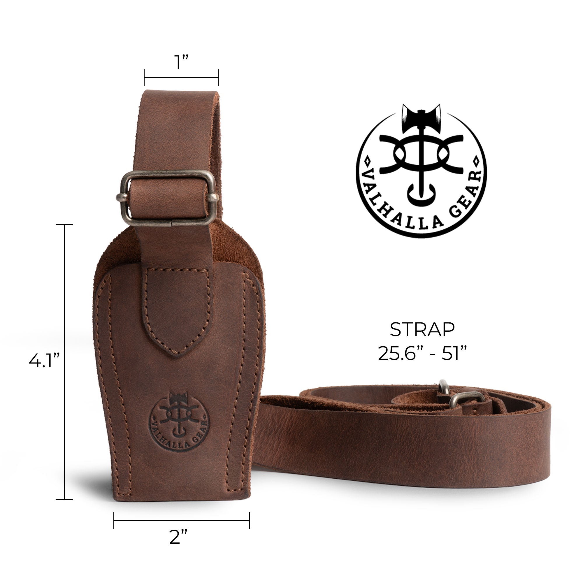 An image of the Archery Bow Sling from Valhalla Gear with dimensions shown, emphasizing its perfect fit for any archery enthusiast. A robust accessory built for durability and performance. Archery Bow Shoulder Strap, Sling, Bow Carrier, Hunting & Practice, Full Grain Leather, StockyardX, Small Batch Production, Hand Cut, Hand Sewn, Fire Branded, Artisan, Handmade in La Antigua Guatemala & Oaxaca Mexico.
