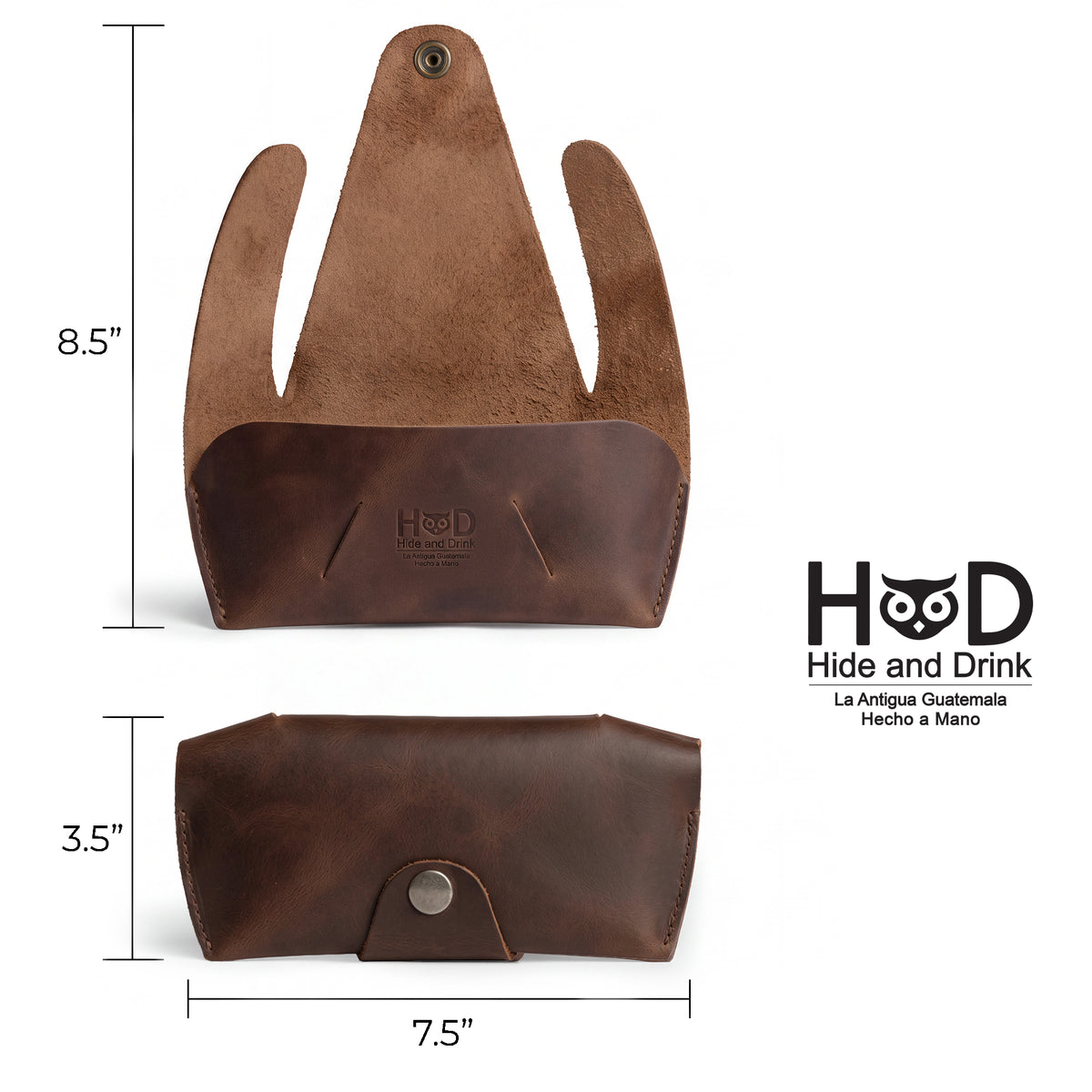 Dimensions overview of the Foldable Sunglass Case by Hide & Drink, illustrating the precise measurements. Made from Full Grain Leather, it represents artisan quality through small batch production and skilled handwork.