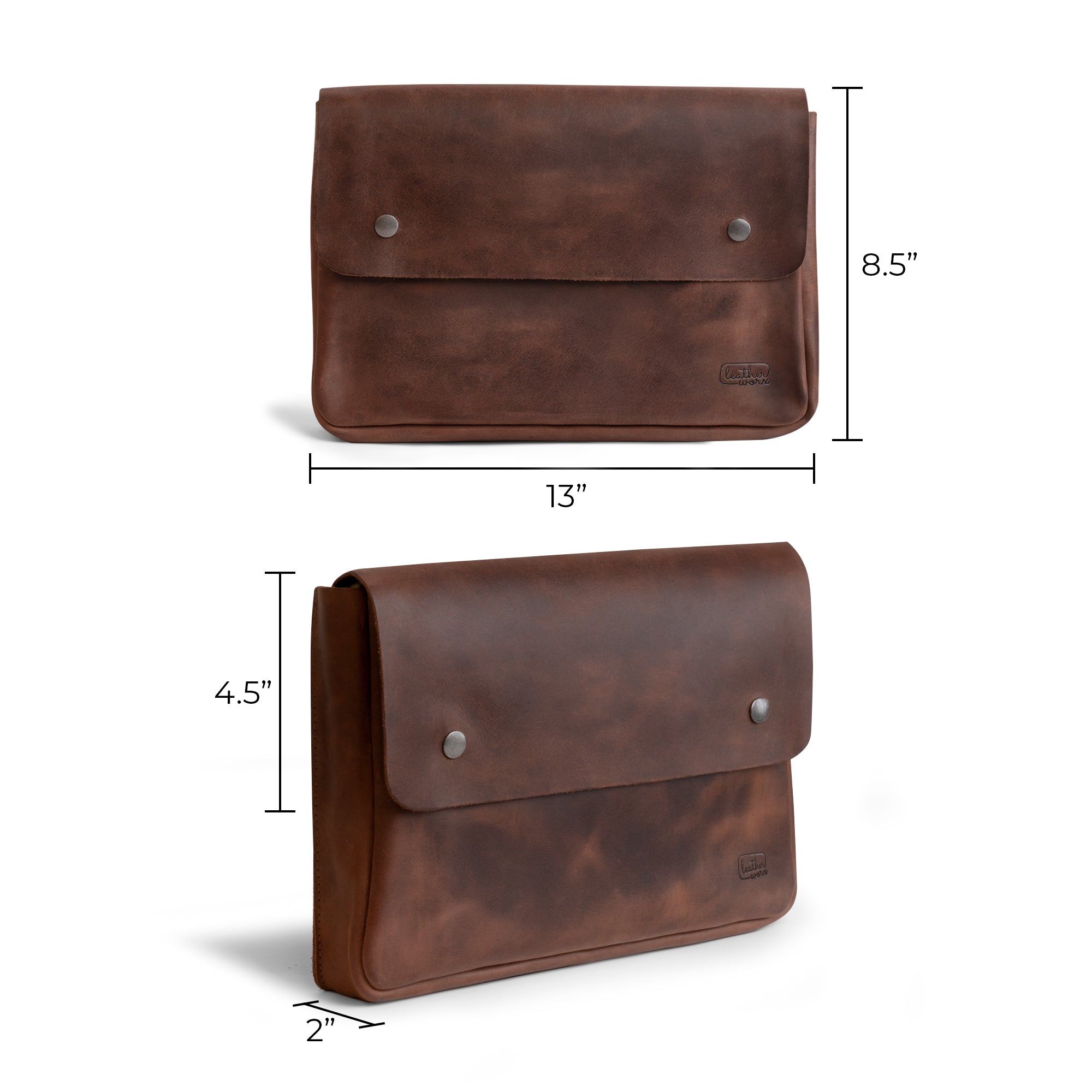 Leather Worx Folder Document Holder shown with dimensions, emphasizing its compact design made from full grain leather. This vintage folder document holder is a perfect file case for carrying documents, making it a great office and work essential. Expertly crafted in La Antigua Guatemala, it exemplifies hand cut and hand sewn artisan techniques in small batch production, complete with fire branded details.