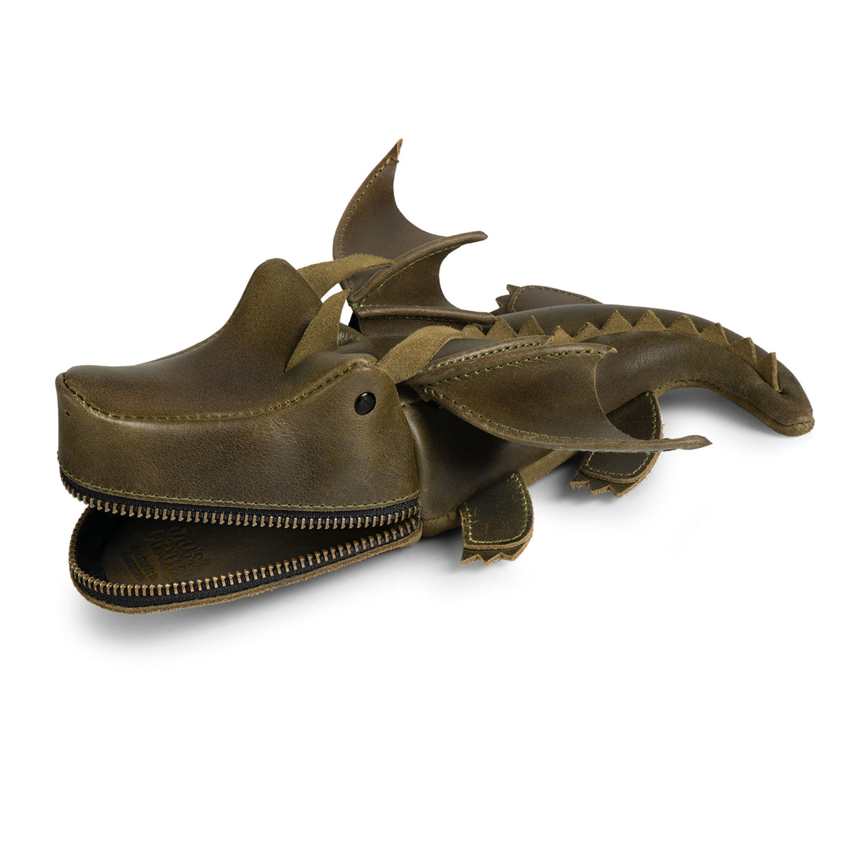 Open Tudi Frudi Leather Baby Dragon Pouch displayed empty on a white background, revealing the zippered compartment of this Leather Baby Dragon Pencil  Pouch, Coin Purse, Small Charger Cable Holder, Change Bag, Scissors Case, and Purses & Pouches for Cash made from Full Grain Leather through Small Batch Production, Hand Cut and Hand Sewn by Artisan makers, Handmade in La Antigua Guatemala & Oaxaca Mexico, with a Fire Branded finish for Travel Zippered use.