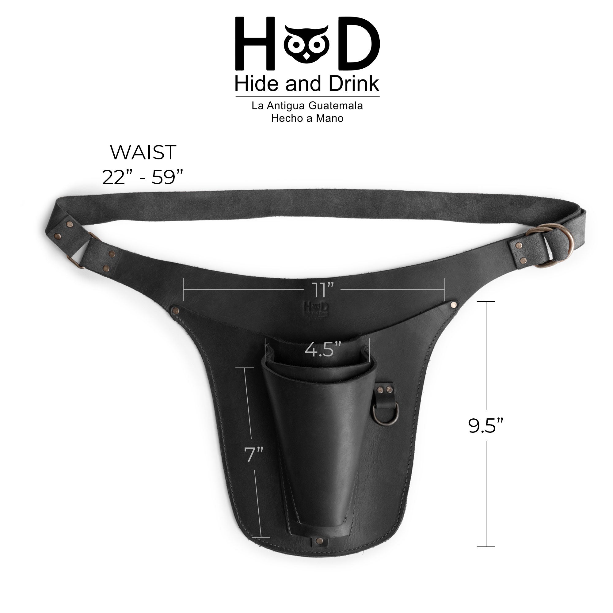 Dimensions of the Hide & Drink Florist Tool Belt detailed, showcasing its adjustable fit and functionality. This Full Grain Leather Florist Tool Belt for Men & Women is essential for any gardener or DIY enthusiast. Artisan crafted in La Antigua Guatemala & Oaxaca Mexico, it combines elegance and utility.