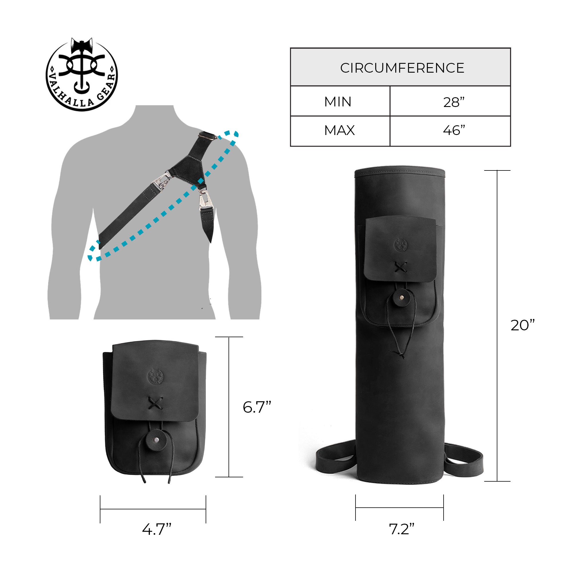 Premium Back Quiver showcasing dimensions by Valhalla Gear, designed with a Rectangular Back Quiver with Adjustable Straps. This Handmade Arrow Quiver Holder for Arrows is great for Archery Sports and Bow Hunting. Constructed from Full Grain Leather, it reflects the luxurious craftsmanship in Small Batch Production, Hand Cut, and Hand Sewn materials.