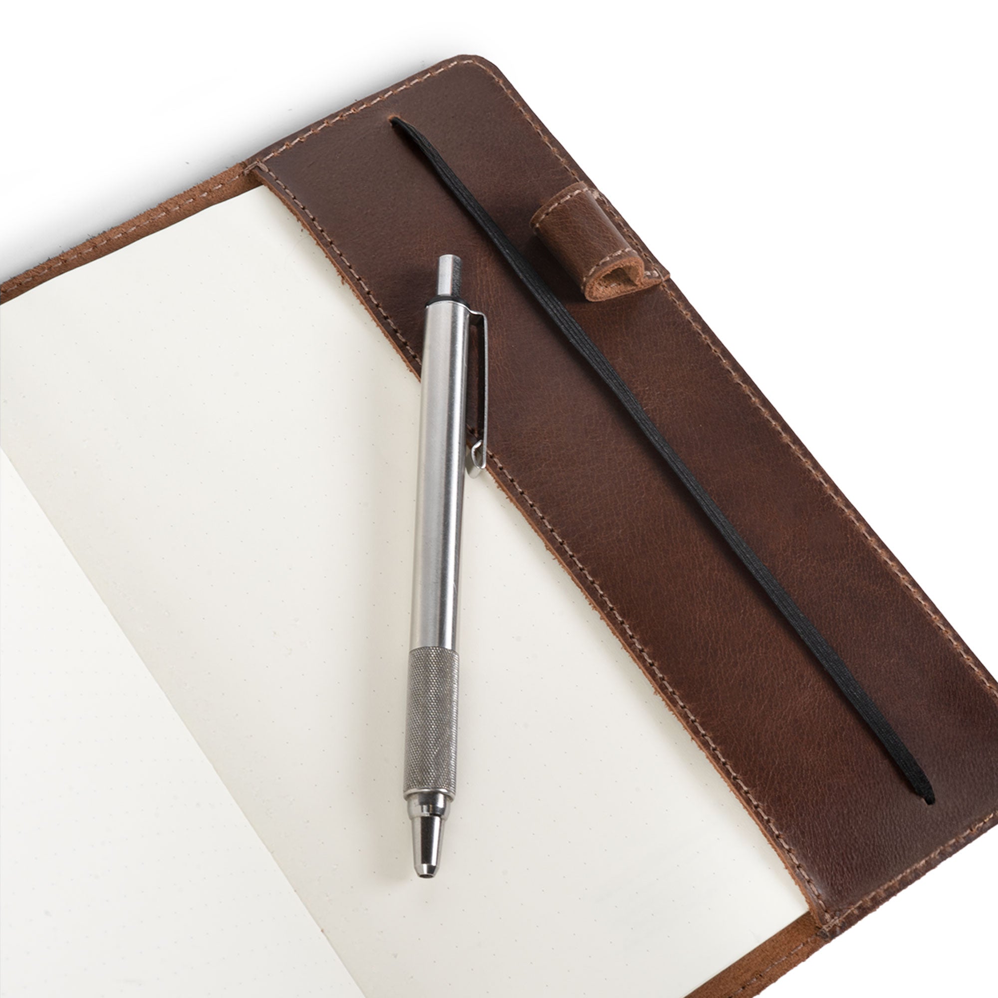 Close-up of the pen slot in the Cover for Leuchtturm1917 Classic Notebook Hard Cover B6+ Size (125 x 190 mm) designed by Hide & Drink, showcasing quality craftsmanship of the Journal Sleeve made from Full Grain Leather, reflecting its Artisan design and Small Batch Production.