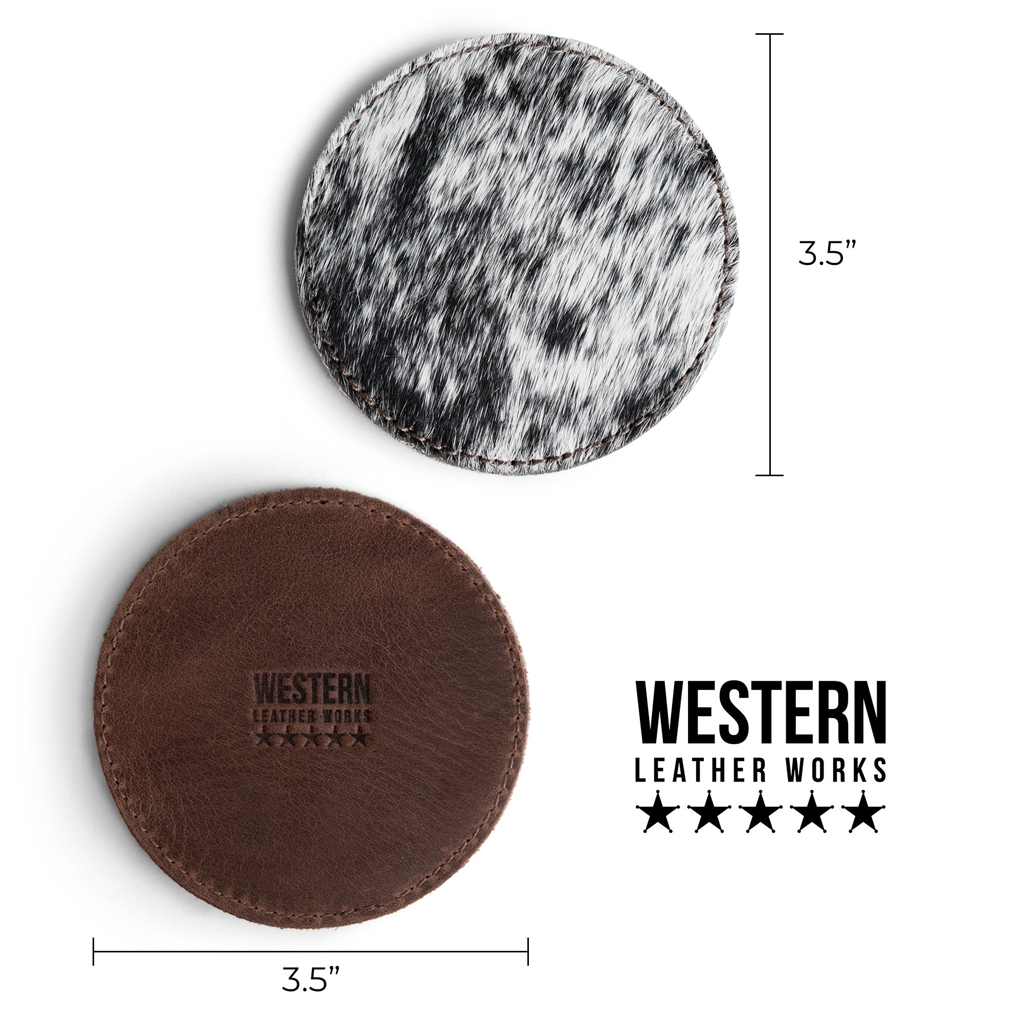 An individual hair-on-hide coaster from Western Leather Works is shown against a ruler to demonstrate its 3.5-inch diameter, part of the Set of 6 Circular Coasters for Drinks, ensuring Glass & Cups Stain Protection. Made from superior Full Grain Leather, this artisan piece reflects small batch production techniques with hand cut and hand sewn craftsmanship, fire branded for authenticity, and proudly made in La Antigua Guatemala & Oaxaca Mexico.