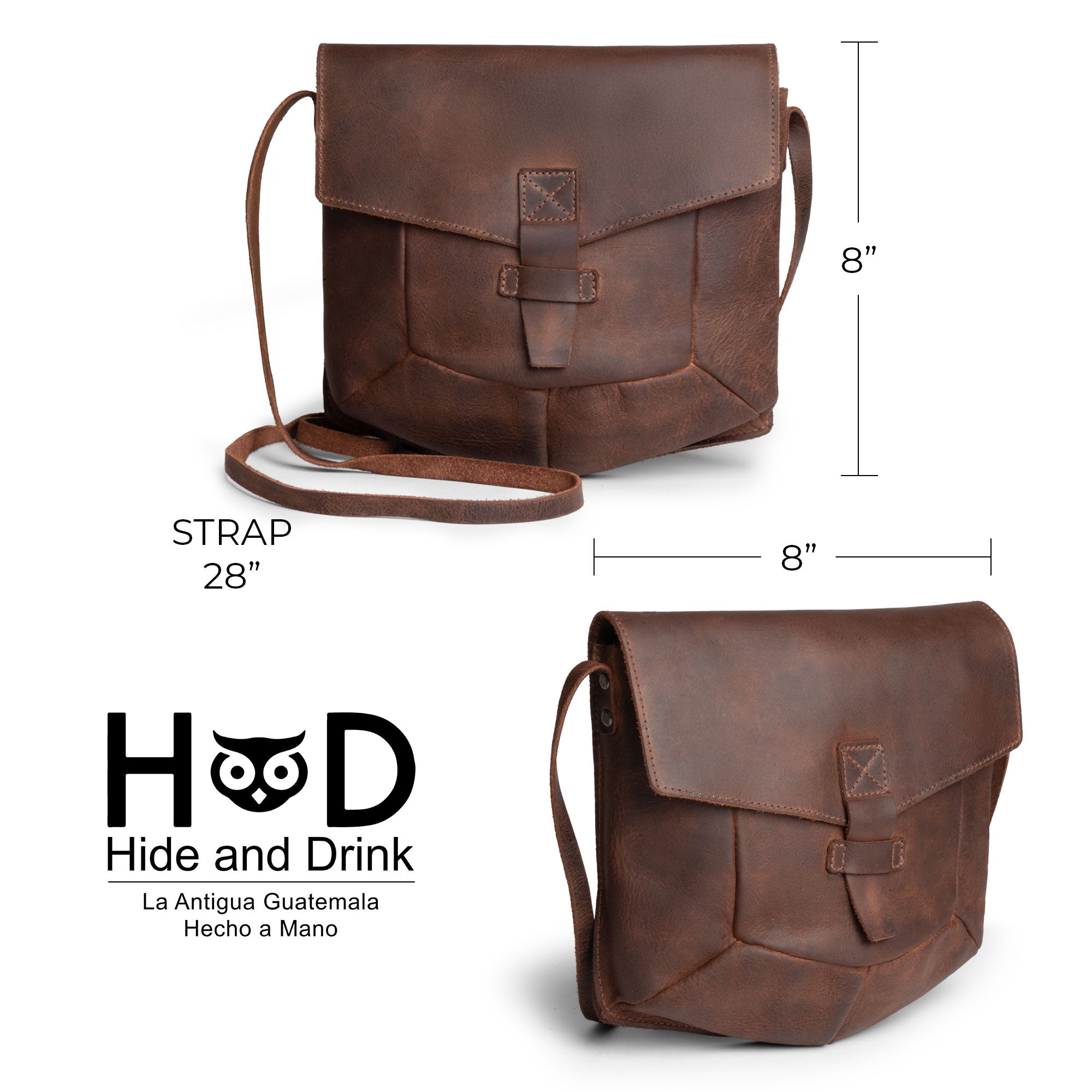 Dimensions illustration of the Prisma Shoulder Bag by Hide & Drink. This vintage purse offers practical sizing, making it an ideal messenger and crossbody bag. Crafted from full grain leather, this handmade product showcases the artisan techniques of being hand cut and hand sewn in La Antigua Guatemala & Oaxaca Mexico.