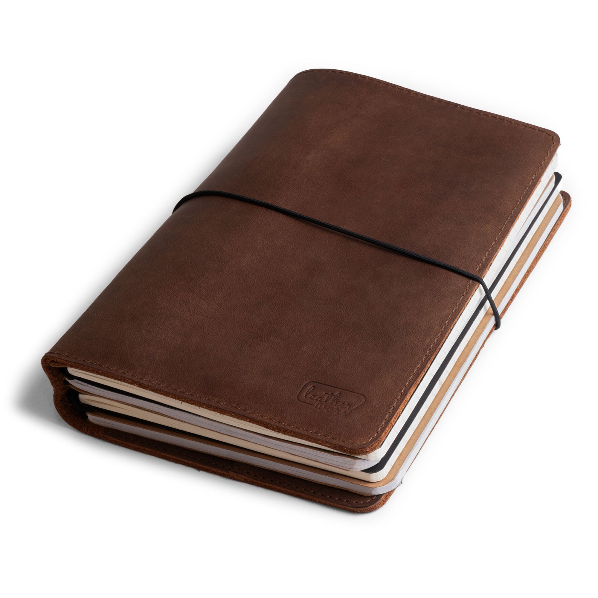 Refillable Cover for A5 Notebooks (5.75 x 8.25 in.) by Leather Worx, fully closed, highlighting the sleek Classic Cover design, made from premium full grain leather, showcasing small batch production, hand cut, hand sewn detailing, fire branded, artisan-crafted, handmade in La Antigua Guatemala & Oaxaca Mexico.