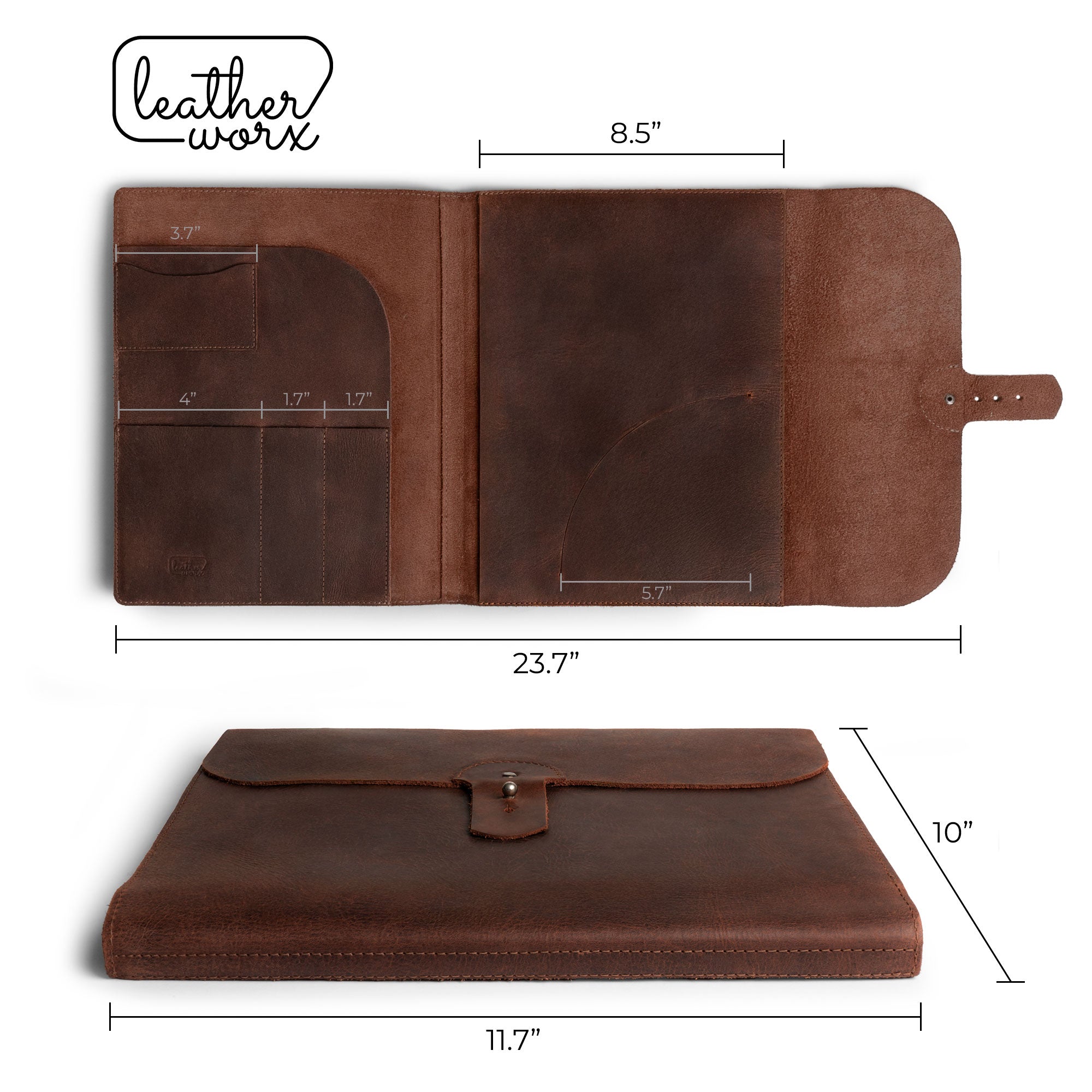 Dimensions of the Leather Worx Portfolio Moleskine Cover (8.5 x 11 in.) detailed, showcasing its functional design and stylish look. This Full Grain Leather art piece doubles as a Moleskine Cover (8.5 x 11 in.) Executive Portfolio for Business or Personal Planner for Men & Women, expertly handmade in La Antigua Guatemala & Oaxaca Mexico.