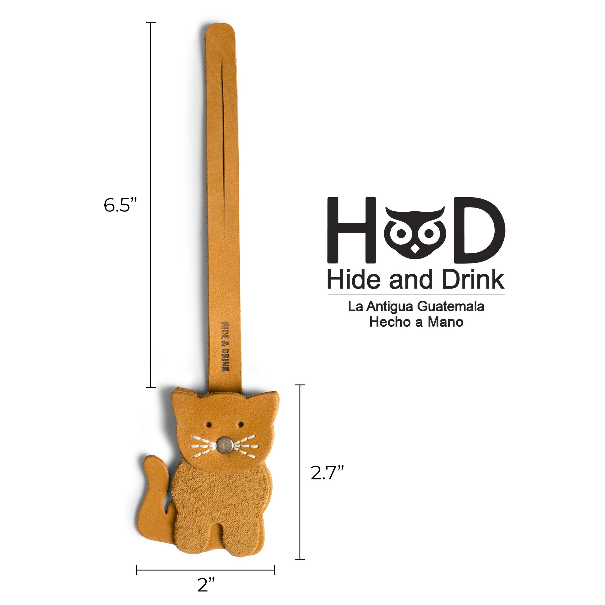 Hide & Drink Bag Charms illustrating dimensions for a lovely cat design. This charm for handbags acts as a purse charm for tote & backpacks, crafted from durable full grain leather. Each piece captures StockyardX's small batch production ethos, showcasing hand cut, hand sewn craftsmanship with fire branding, handmade in La Antigua Guatemala & Oaxaca Mexico.