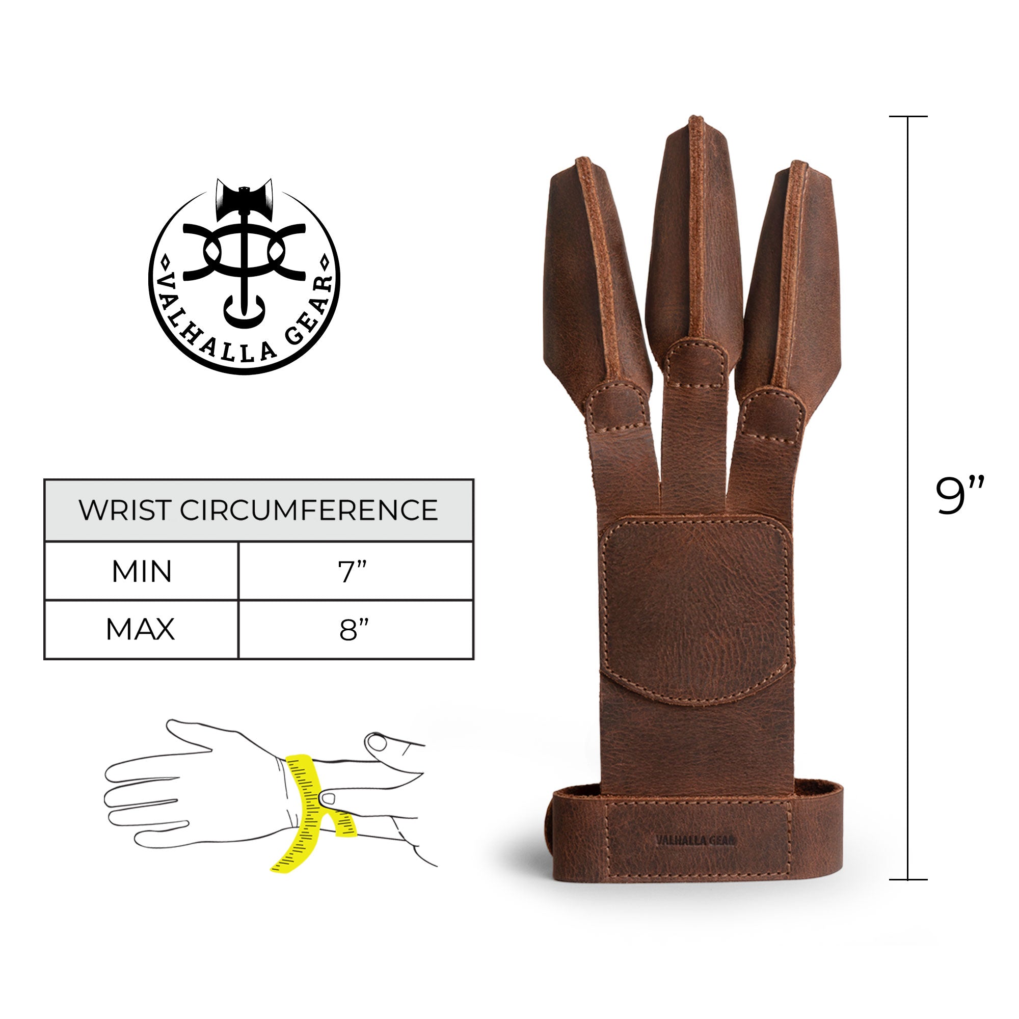 Valhalla Gear Rustic Three-Finger Archery Shooting Glove dimensions displayed alongside a measuring tape, showcasing its size and fit information. Ideal for archers, this glove emphasizes the careful artisanal production methods in La Antigua Guatemala.