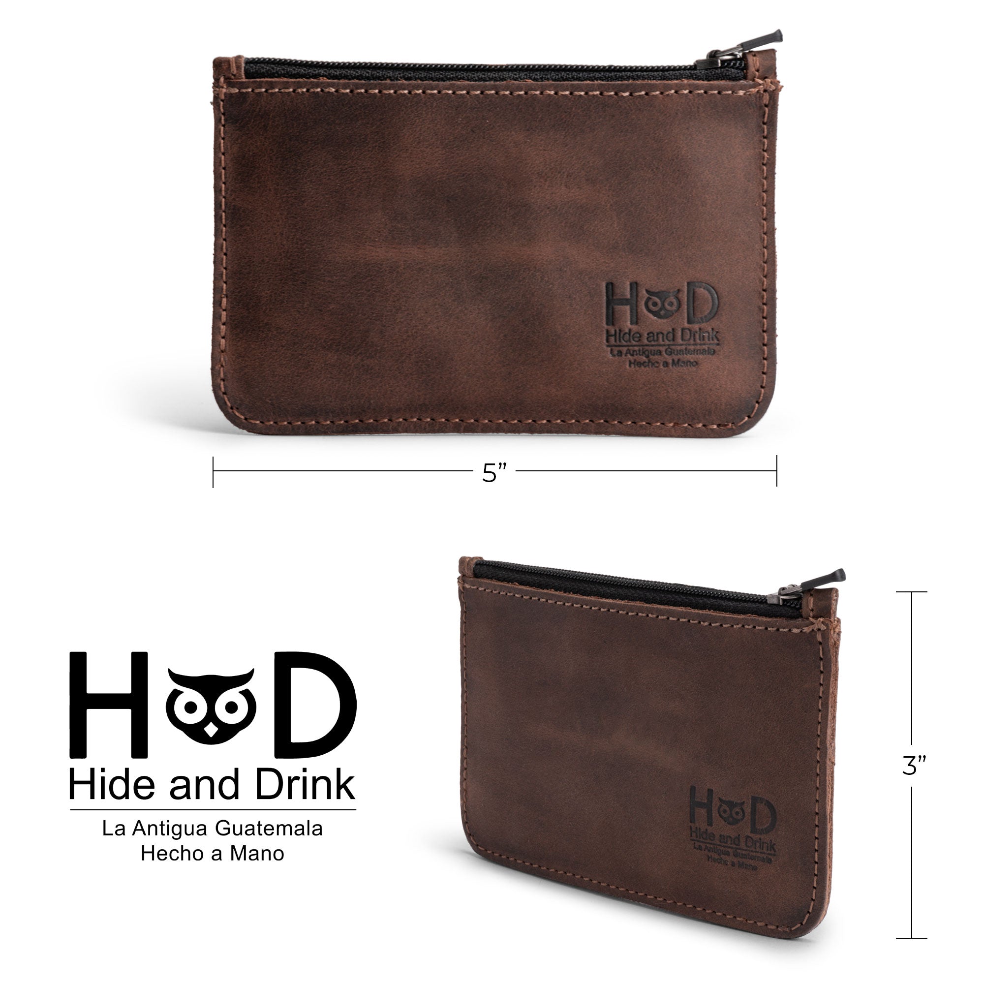 Hide & Drink Zippered Wallet measuring 5 x 3 inches, elegantly designed in Full Grain Leather. This handmade wallet is perfect for travel accessories, doubling as a coin organizer and card case, showcasing quality craftsmanship from La Antigua Guatemala & Oaxaca Mexico.
