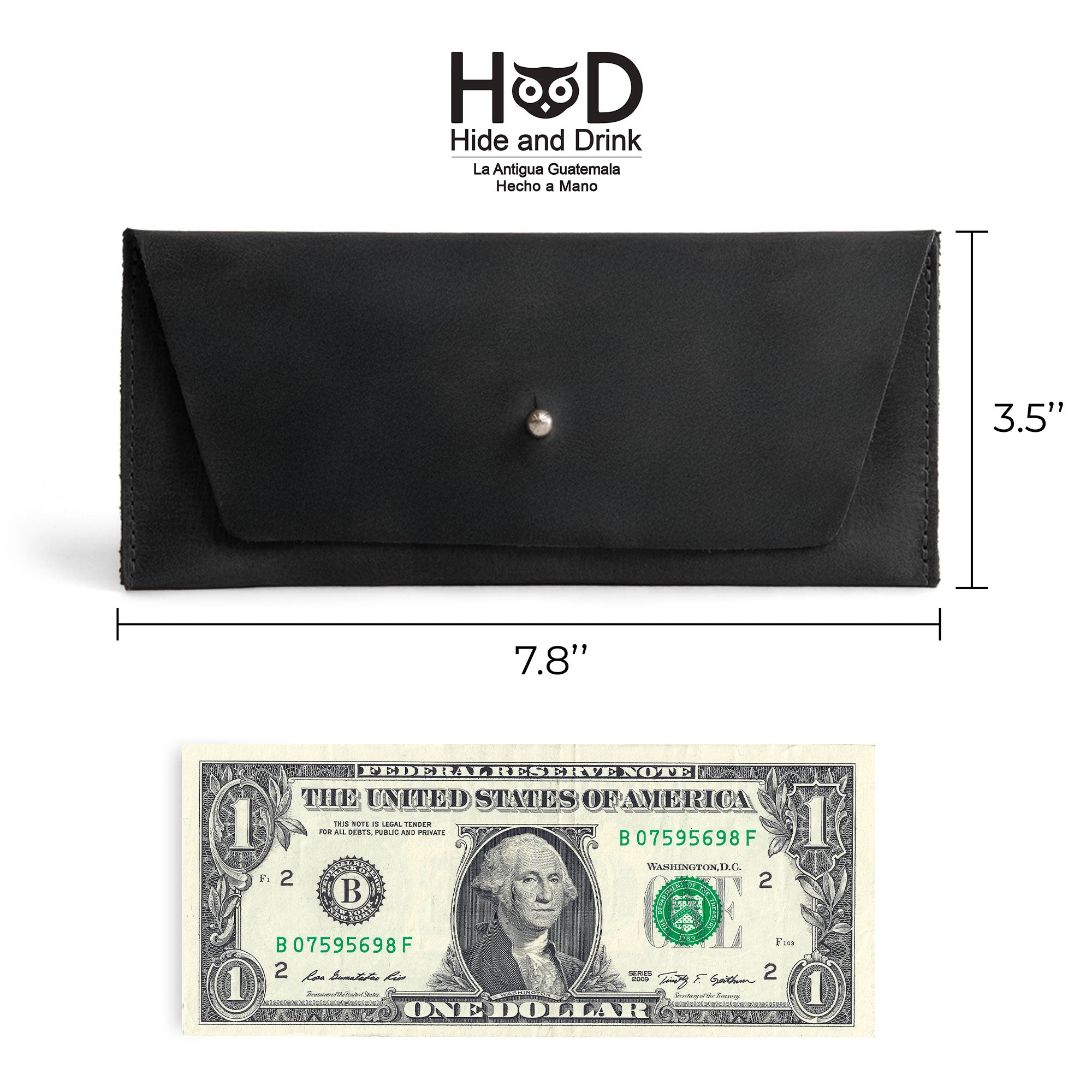Dimensions of the Long Utility Pouch by Hide & Drink shown next to a hundred dollar bill, providing a clear size reference. This handmade wallet is designed for storing cash and cards effortlessly.