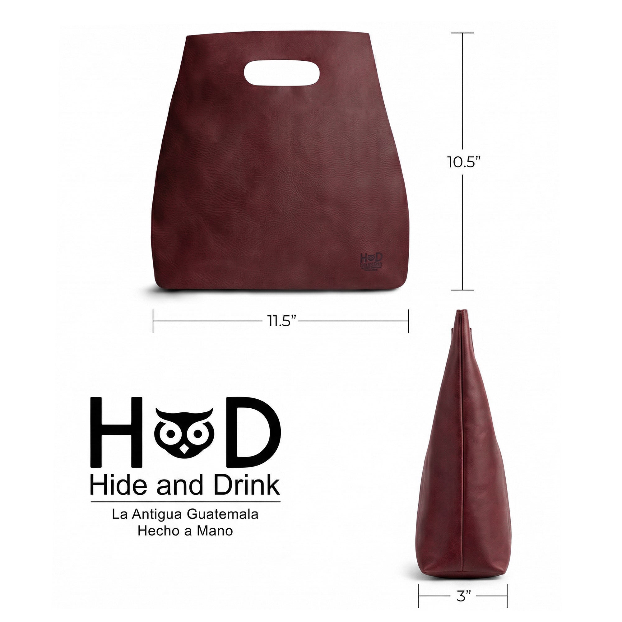 The dimension specifications of the red Minimalist Boho Handbag from Hide & Drink, illustrating its practical size. This Minimalist Handbag for Women is stylishly designed as a Tote Bag, utilizing rustic Full Grain Leather while signifying StockyardX's small batch artisan production originating from La Antigua Guatemala & Oaxaca Mexico.