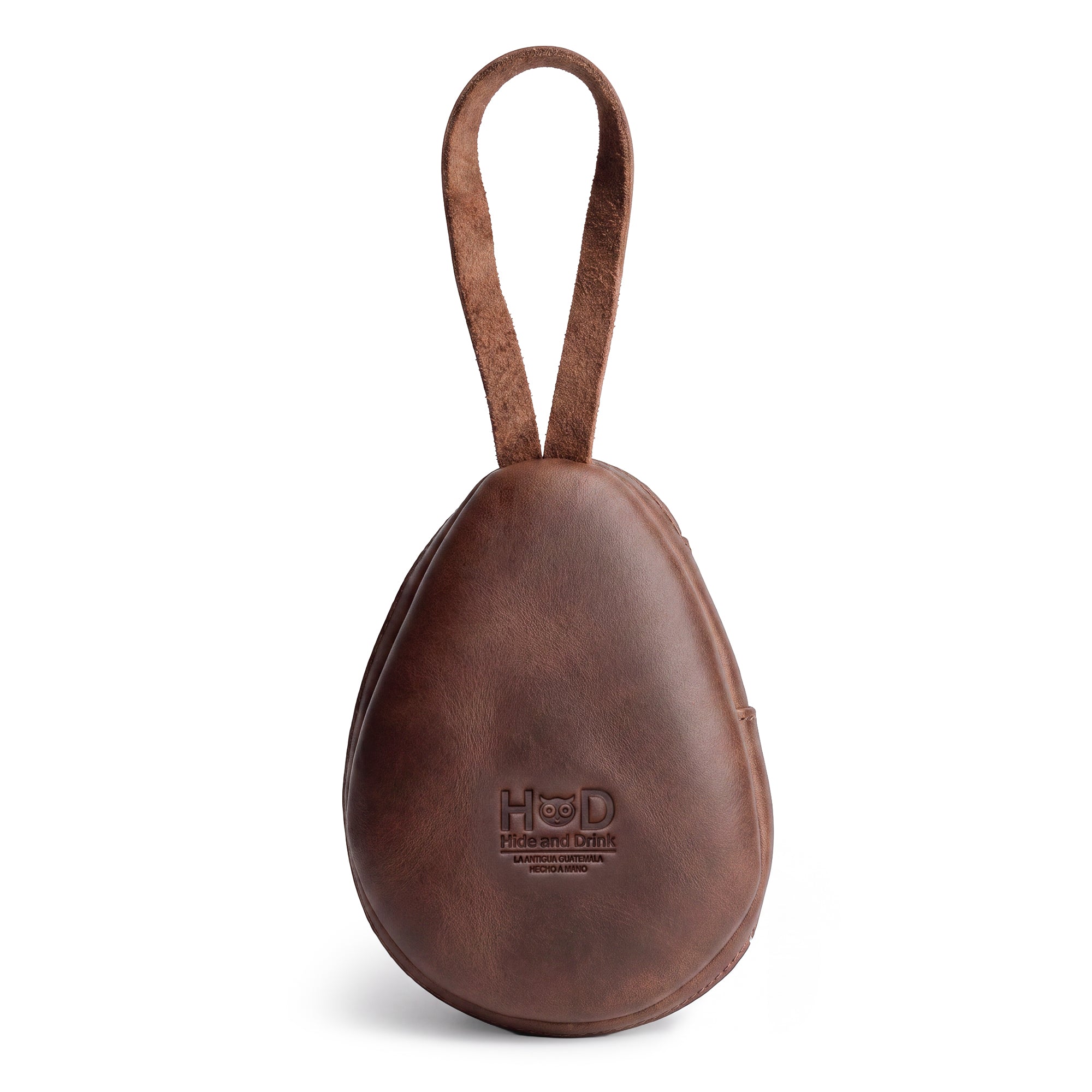 Hide & Drink Avocado Purse, highlighting the back of this stylish case bag designed for coins, cards, and money organization. This artisan-made pouch, crafted from premium full grain leather, is a thoughtful cute gift that showcases small batch production techniques, hand cut and hand sewn in La Antigua Guatemala & Oaxaca Mexico with fire branding.