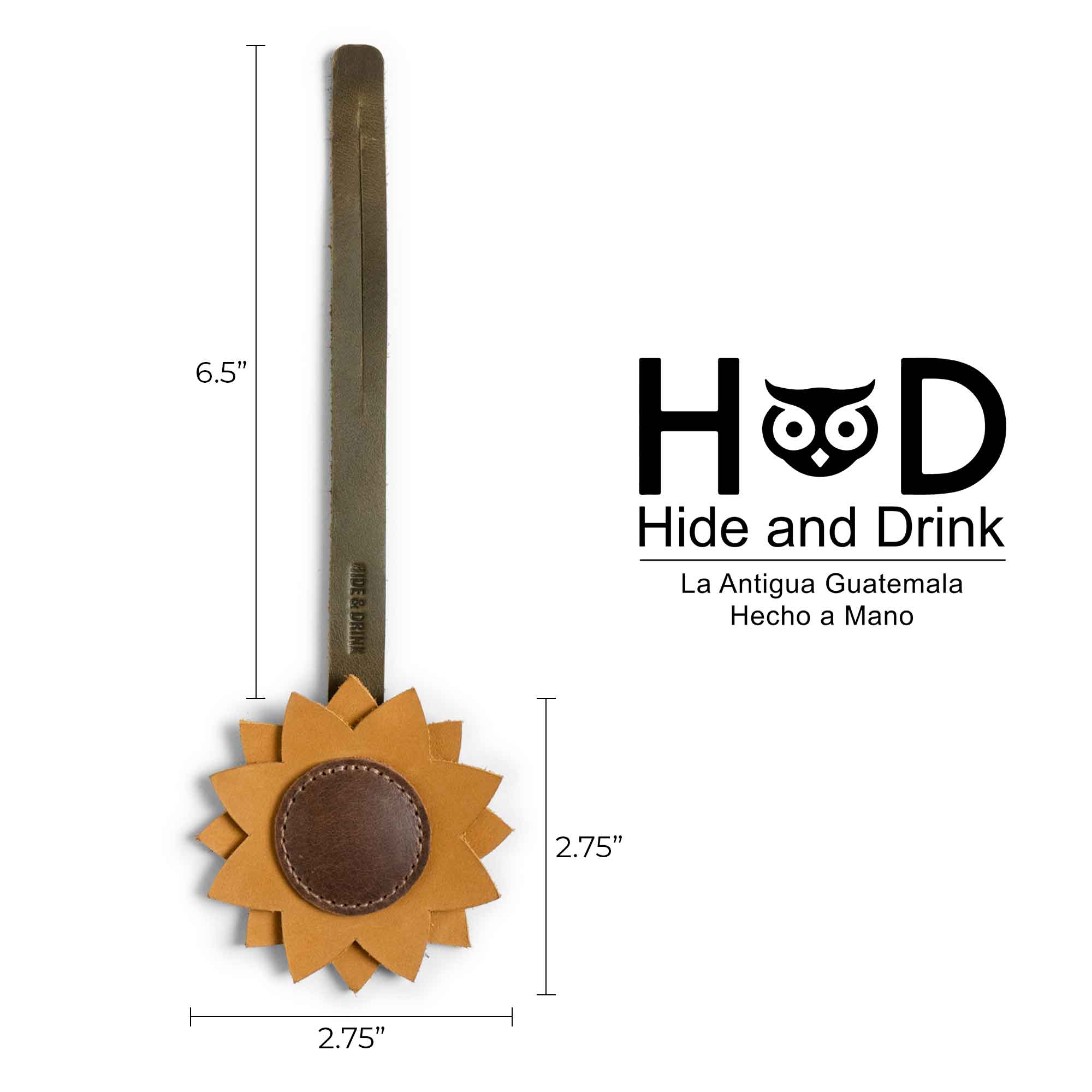 Hide & Drink Bag Charms with dimensions displayed, highlighting the sunflower design. This charm for handbags effectively doubles as a purse charm for tote & backpacks made from durable full grain leather. Each piece captures StockyardX's small batch production ethos, featuring hand cut, hand sewn details and fire branded, artisan craftsmanship, handmade in La Antigua Guatemala & Oaxaca Mexico.