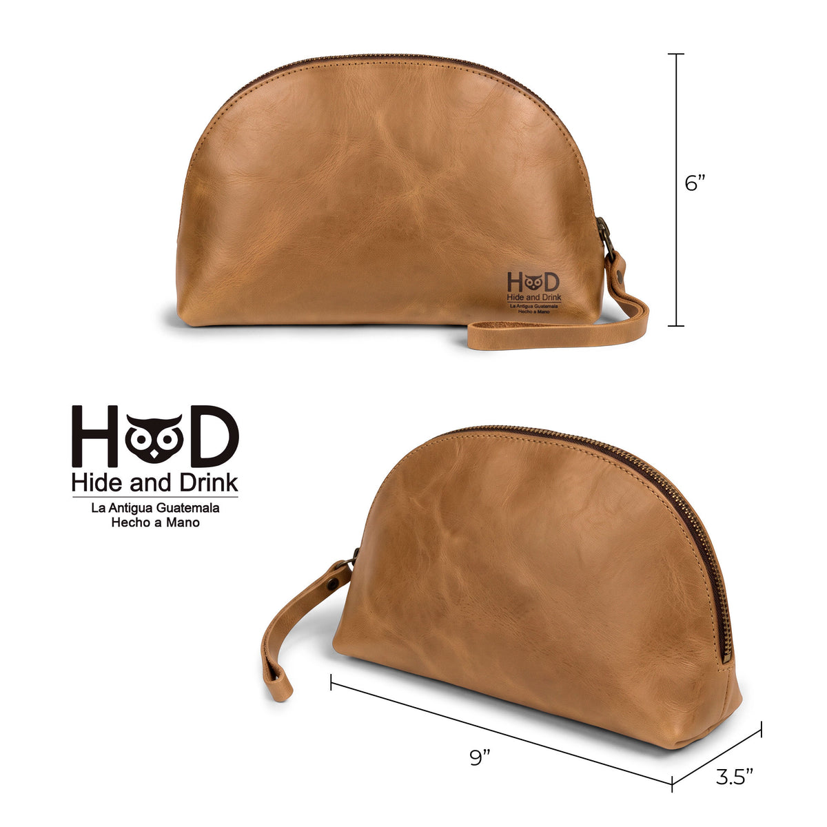 Dimensions and features of the Accessory Pouch Organizer Hand Bag by Hide & Drink. Made from brown full grain leather, this Cosmetic Travel Organizer with Hand Strap for Women acts as an efficient Makeup Bag and Classic Handbag, highlighting small batch production in La Antigua Guatemala & Oaxaca Mexico.