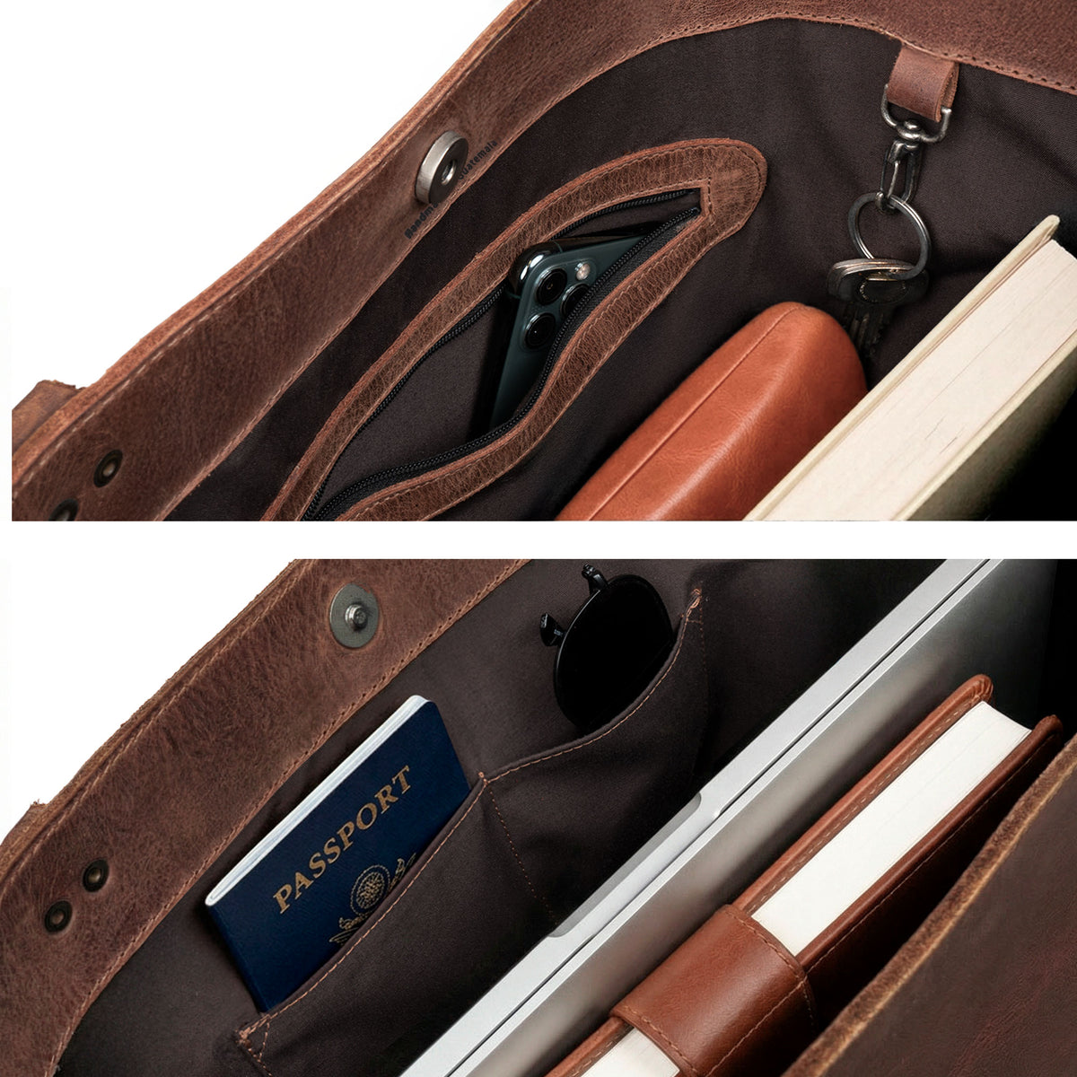 Austin Genuine Formal Handbag interior detail showing organized pockets holding a smartphone, wallet, keys, sunglasses, passport, books, and laptop; a functional Formal Tote Bag and Female Bag for Travel and Shopping. Formal Handbag, Handbag for Women, Full Grain Leather, StockyardX, Small Batch Production, Hand Cut, Hand Sewn, Fire Branded, Artisan, Handmade in La Antigua Guatemala & Oaxaca Mexico.