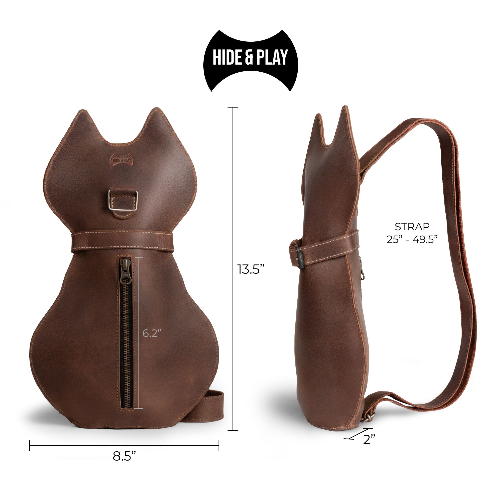 Size specifications for the Kitty Shape Backpack by Hide & Play, crafted from full grain leather. Ideal for pet lovers, this accessory combines functionality with style for travel and daily use, reflecting the artisanal craftsmanship of La Antigua Guatemala.