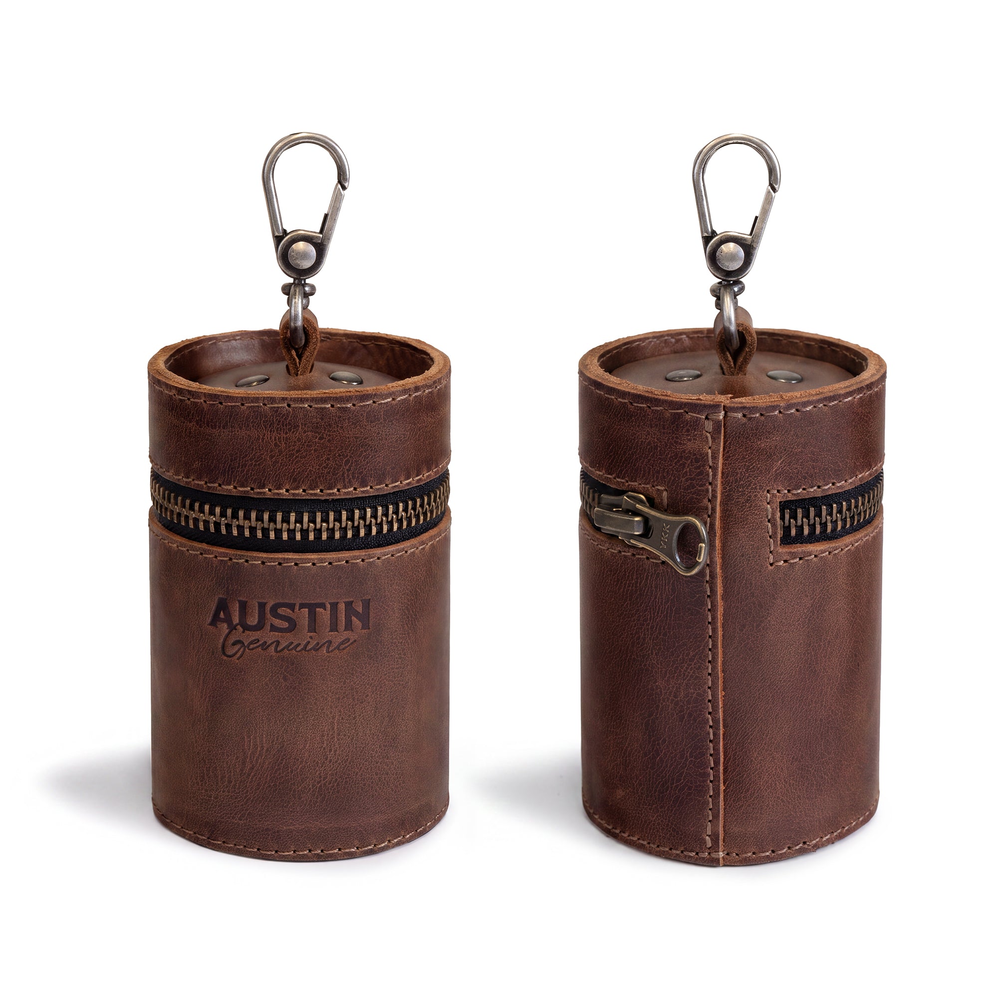 The Pease Mini Vanity Pouch by Austin Genuine, a stylish cylinder for coins and money box seen from multiple angles. This piggy bank is crafted from premium full grain leather, showcasing artisan craftsmanship with small batch production, hand cut and hand sewn by skilled artisans in La Antigua Guatemala & Oaxaca Mexico.