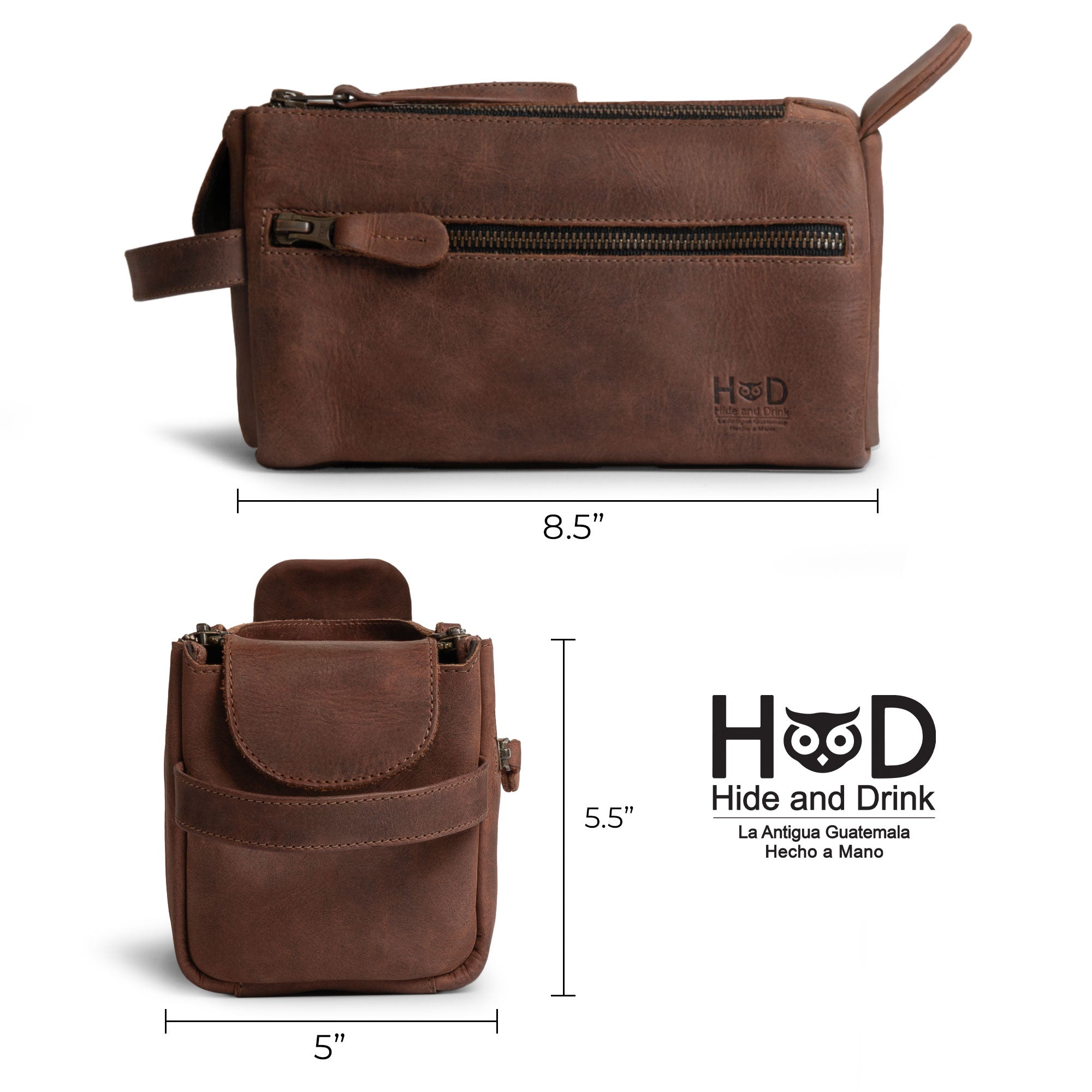 Dimensions of Hide & Drink's Toiletry Bag highlighted, showcasing its practicality. This Full Grain Leather Toiletry Bag functions as a Hand Bag and Dopp Kit Organizer for the fashionable traveler. StockyardX, Handmade, S.