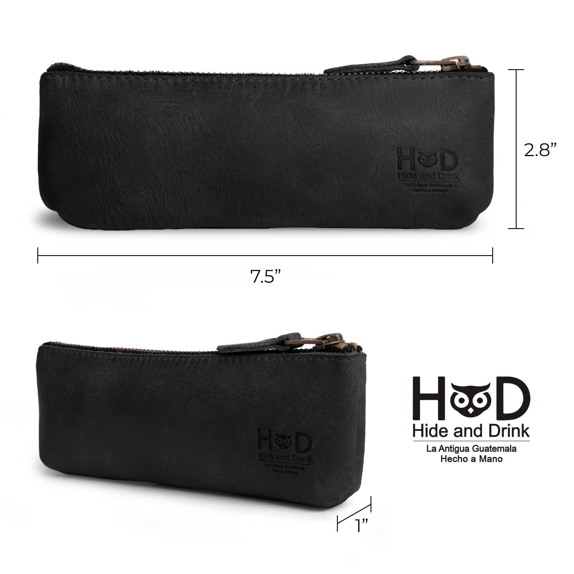 Hide & Drink Pencil Pouch positioned alongside an organized workspace, perfectly serving as a pen and marker pouch for an artist or office user. This flat zippered holder displays classic style and is handcrafted from premium full grain leather by artisans in La Antigua Guatemala & Oaxaca Mexico, ensuring high quality and endurance.