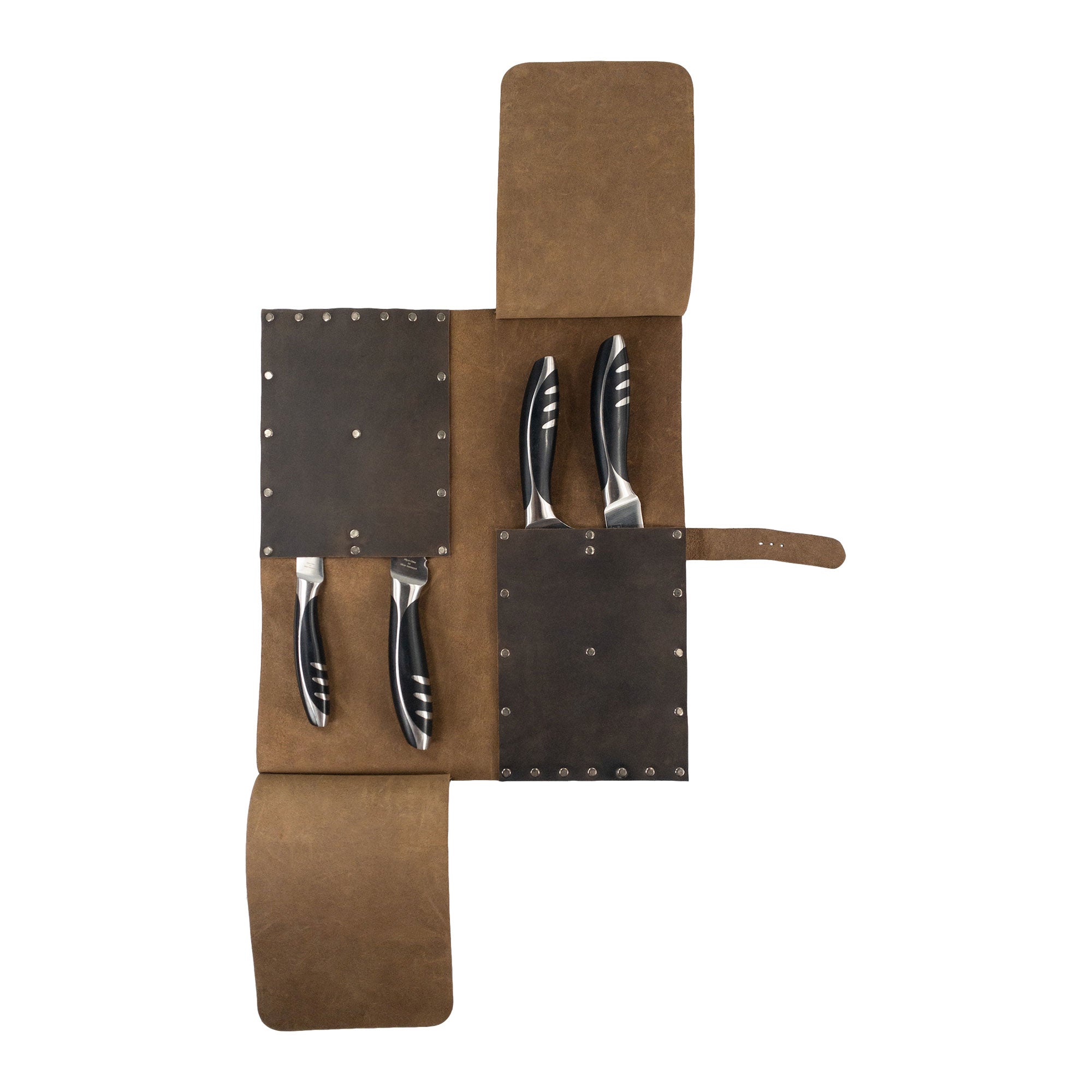 Riveted Chef Knife Case by Cast Leather Co., showcasing an organized layout for kitchen tools and culinary accessories made from full grain leather. Perfect for chefs seeking a handmade artisan touch, featuring stockyardX small batch production. Hand cut, hand sewn, and fire branded in La Antigua Guatemala & Oaxaca Mexico.