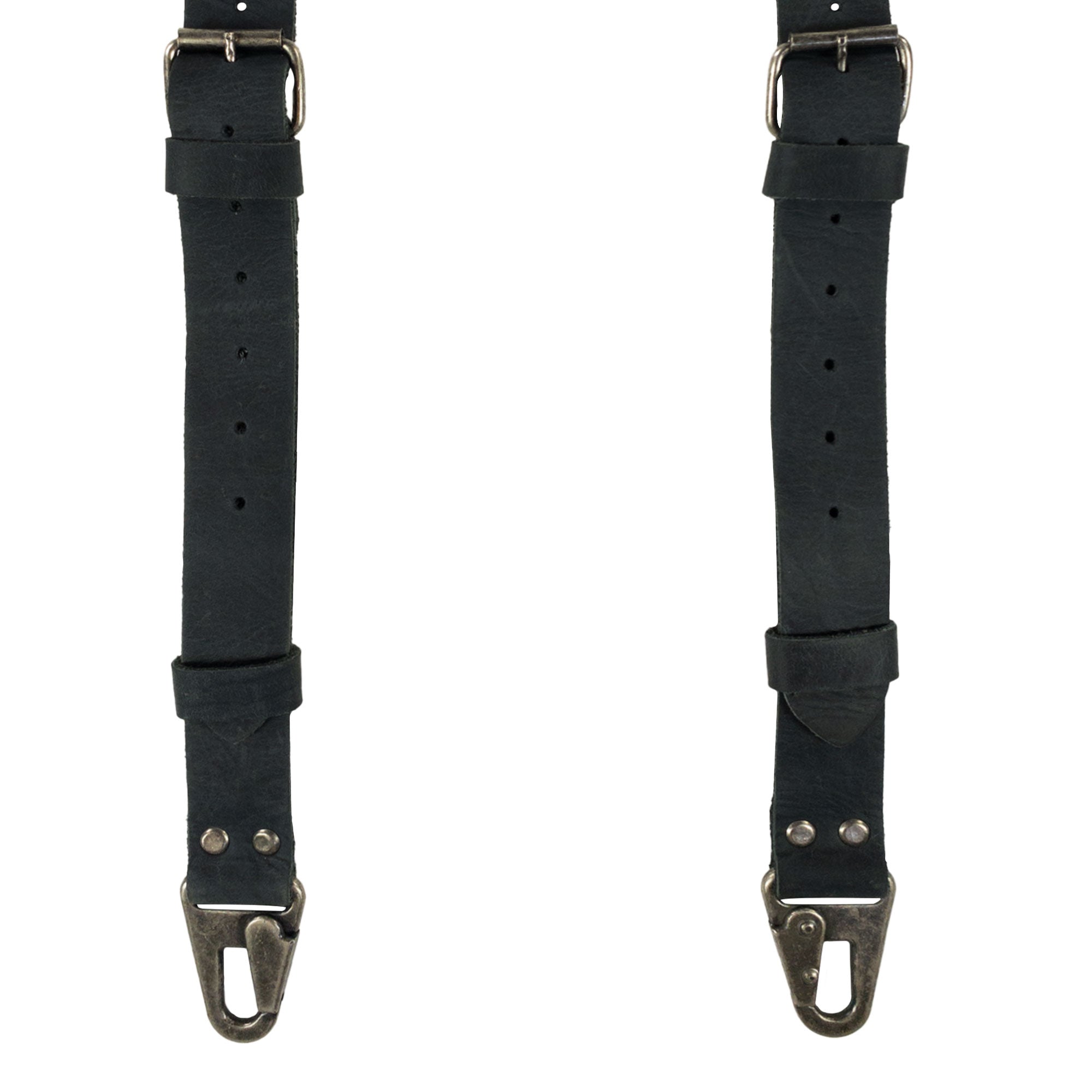 Close-up of the adjustable straps of Vintage Renaissance Suspenders by Hide & Groom, made from durable full grain leather, perfect for stylishly supporting men’s outfits.