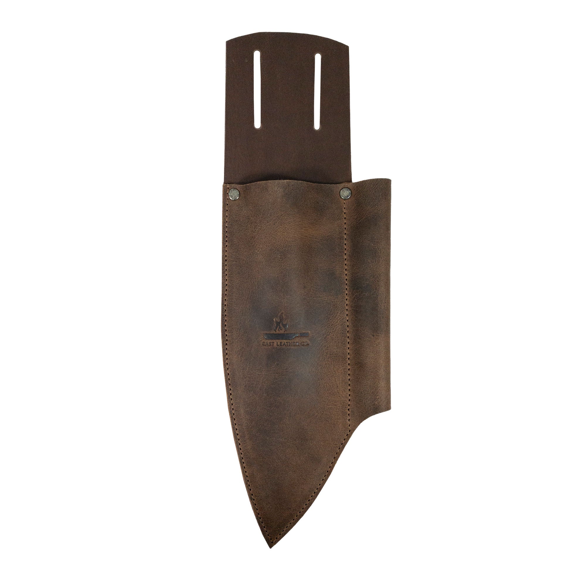 Knife Sheath with Sharpener Slot by Cast Leather Co., showing the rustic sleeve for a chef knife. This elegant knife holster for belt is crafted from full grain leather, emphasizing handmade quality from small batch production in La Antigua Guatemala.