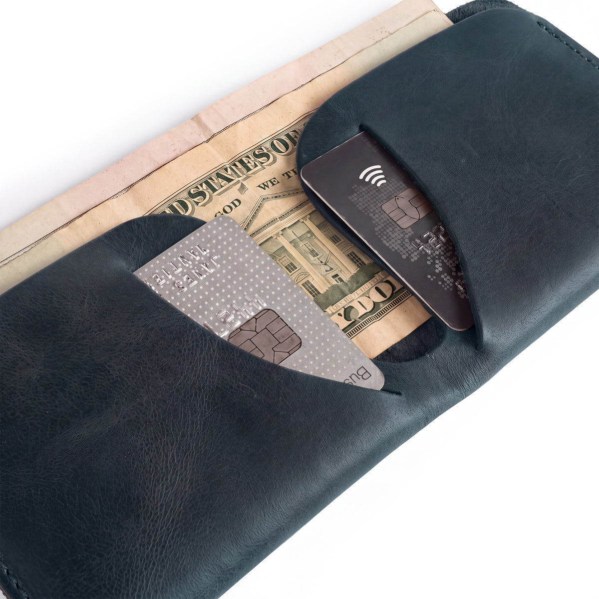 Inside view of the Hide & Drink Minimal Wallet emphasizing its functionality, crafted from high-quality Full Grain Leather. This Classic Slimfold Wallet acts as a Card Organizer Holder and Travel Accessory, exemplifying Small Batch Production by artisans with Hand Cut and Hand Sewn techniques from La Antigua Guatemala & Oaxaca Mexico.