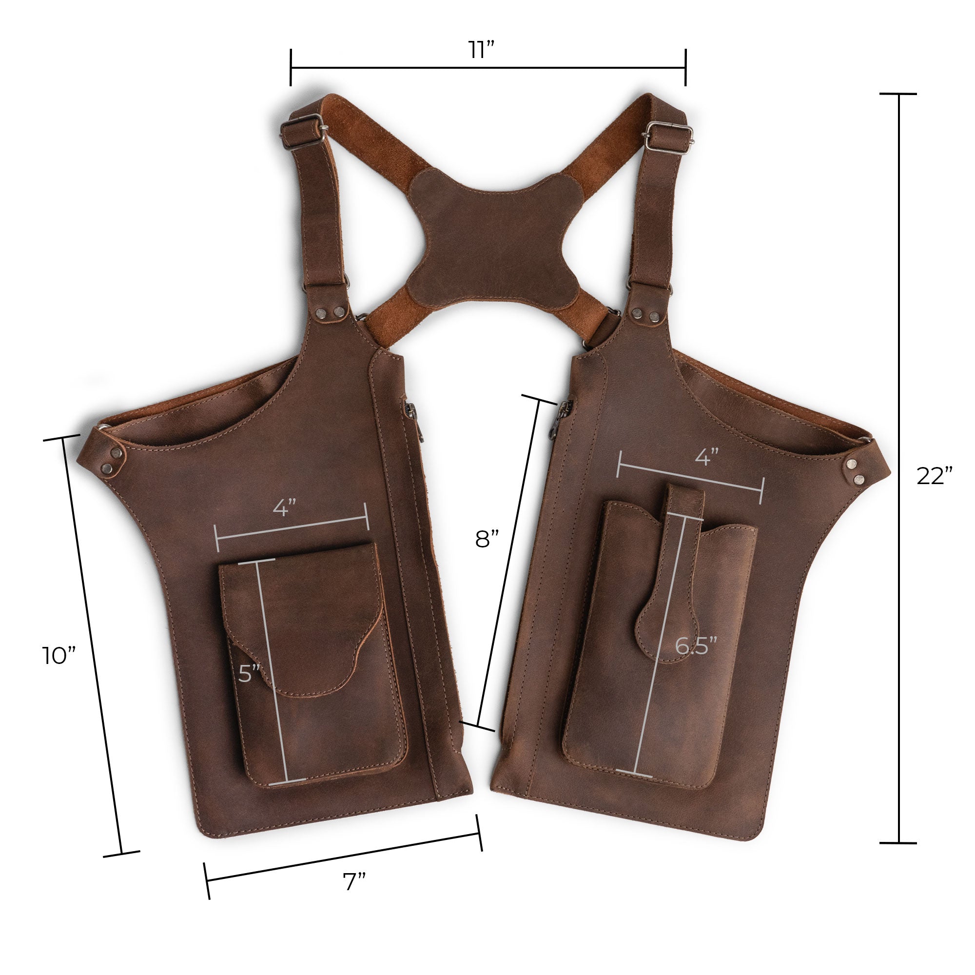 A dimensional overview of Hide & Play's Zippered Shoulder Holster, highlighting its measurements and versatile design. This adjustable harness with zippered bags is perfect for cosplay and steampunk style, crafted from durable full grain leather, reflecting handmade artistry in La Antigua Guatemala & Oaxaca Mexico.