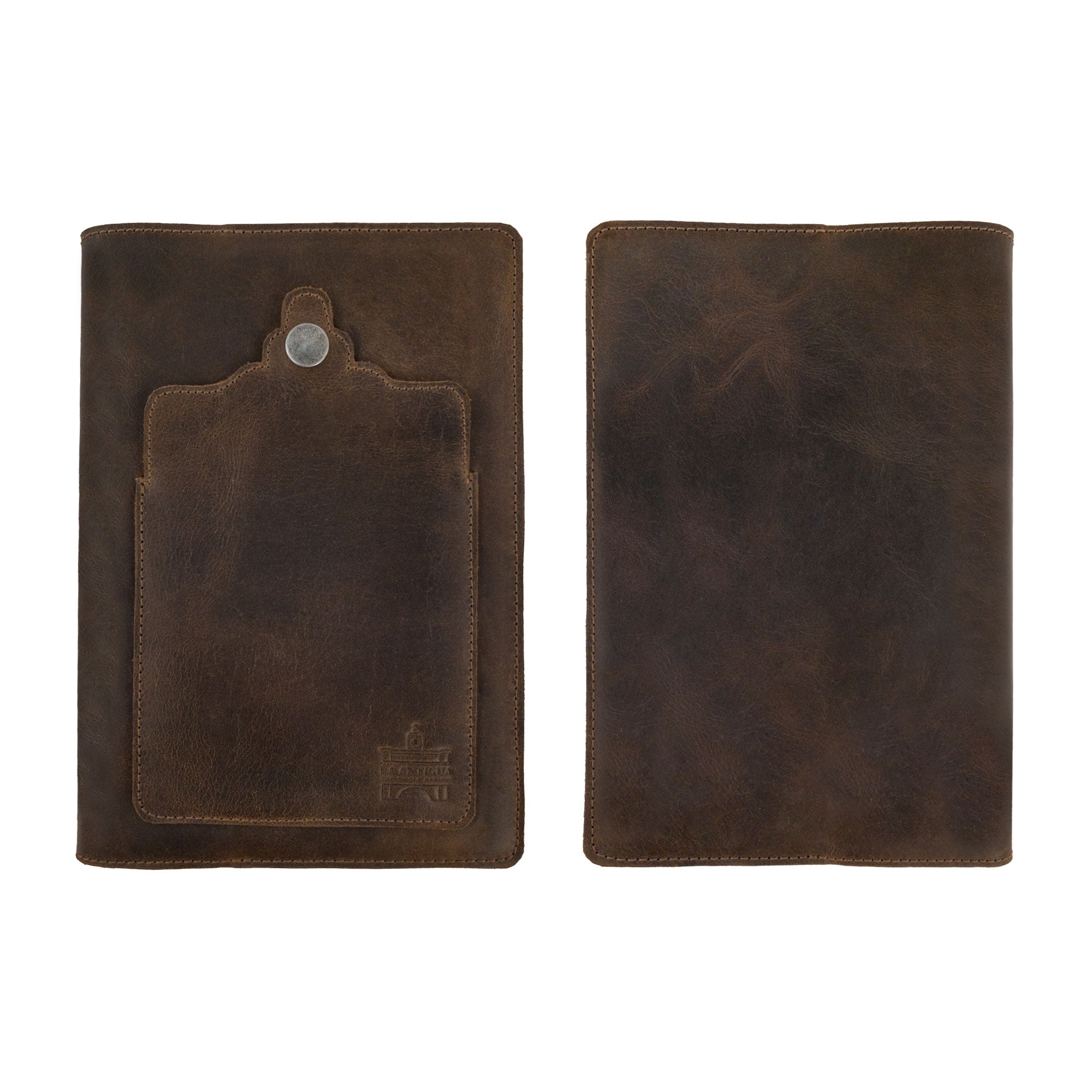Front and back view of the Rustic Journal Cover for Hardcover A5 Notebook by La Antigua, showcasing its sleek, artisanal design. This durable protective case for the Hardcover Leuchtturm A5 (5.75 x 8.25 in.) Notebook is handcrafted from full grain leather, providing a perfect blend of style and function. Ideal for those seeking an essential writing accessory with a personal touch.