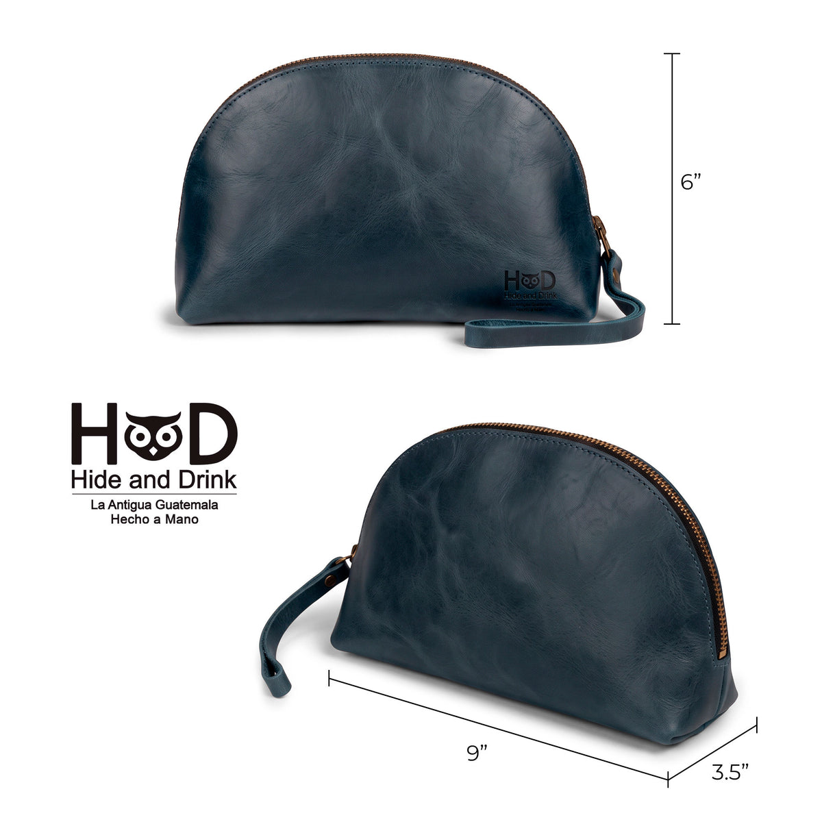 Dimensions of the Accessory Pouch Organizer Hand Bag crafted by Hide & Drink, featuring brown premium leather. This stylish Cosmetic Travel Organizer with Hand Strap for Women functions as both a Makeup Bag and Classic Handbag, representing artisan craftsmanship from La Antigua Guatemala & Oaxaca Mexico.