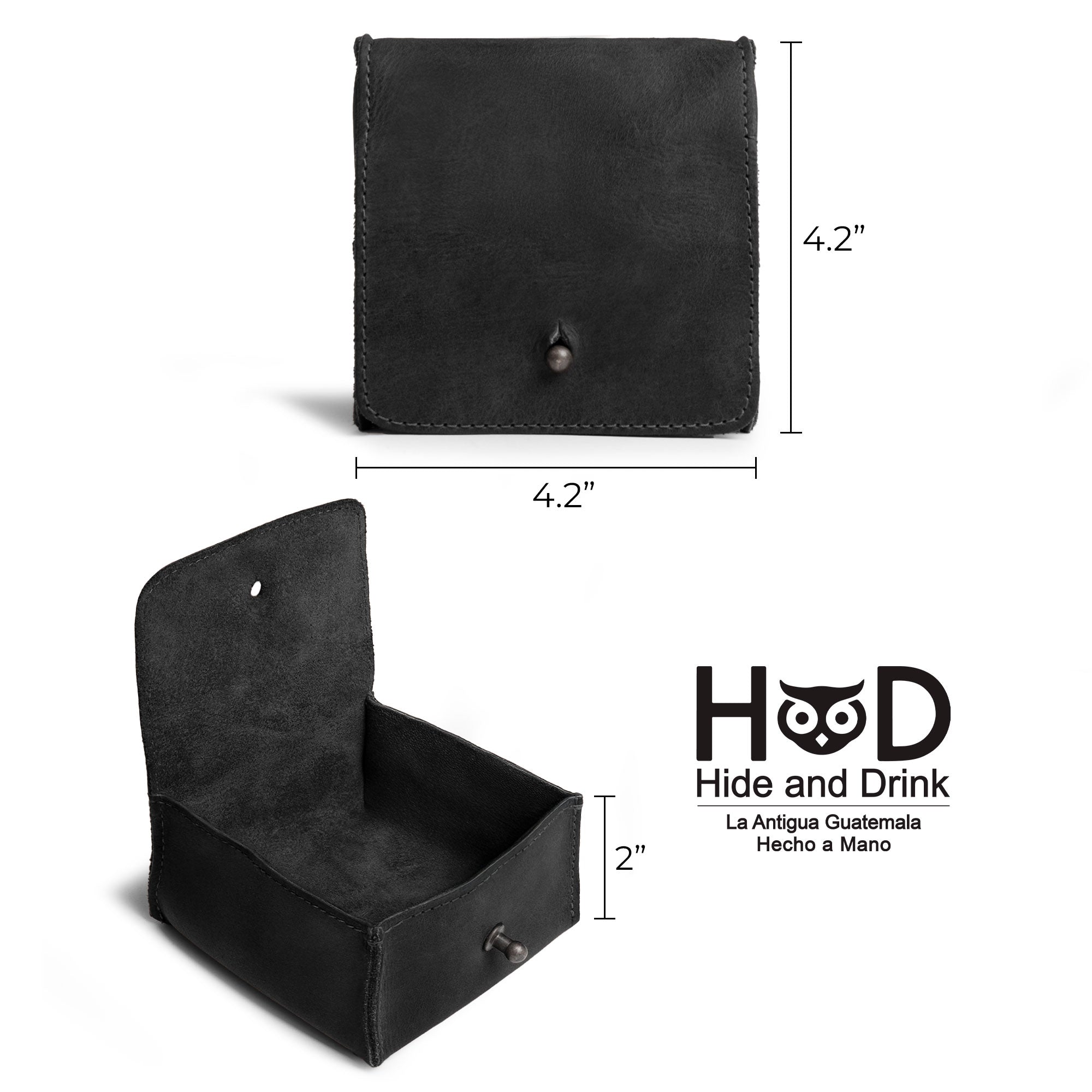Size chart of a Hide & Drink Jewelry Pouch featuring the brand's logo. Crafted from rich full grain leather, this mini mini travel size box is perfect for rings and makes for exceptional groom and bridesmaid gifts, highlighting artisan craftsmanship from Guatemala.