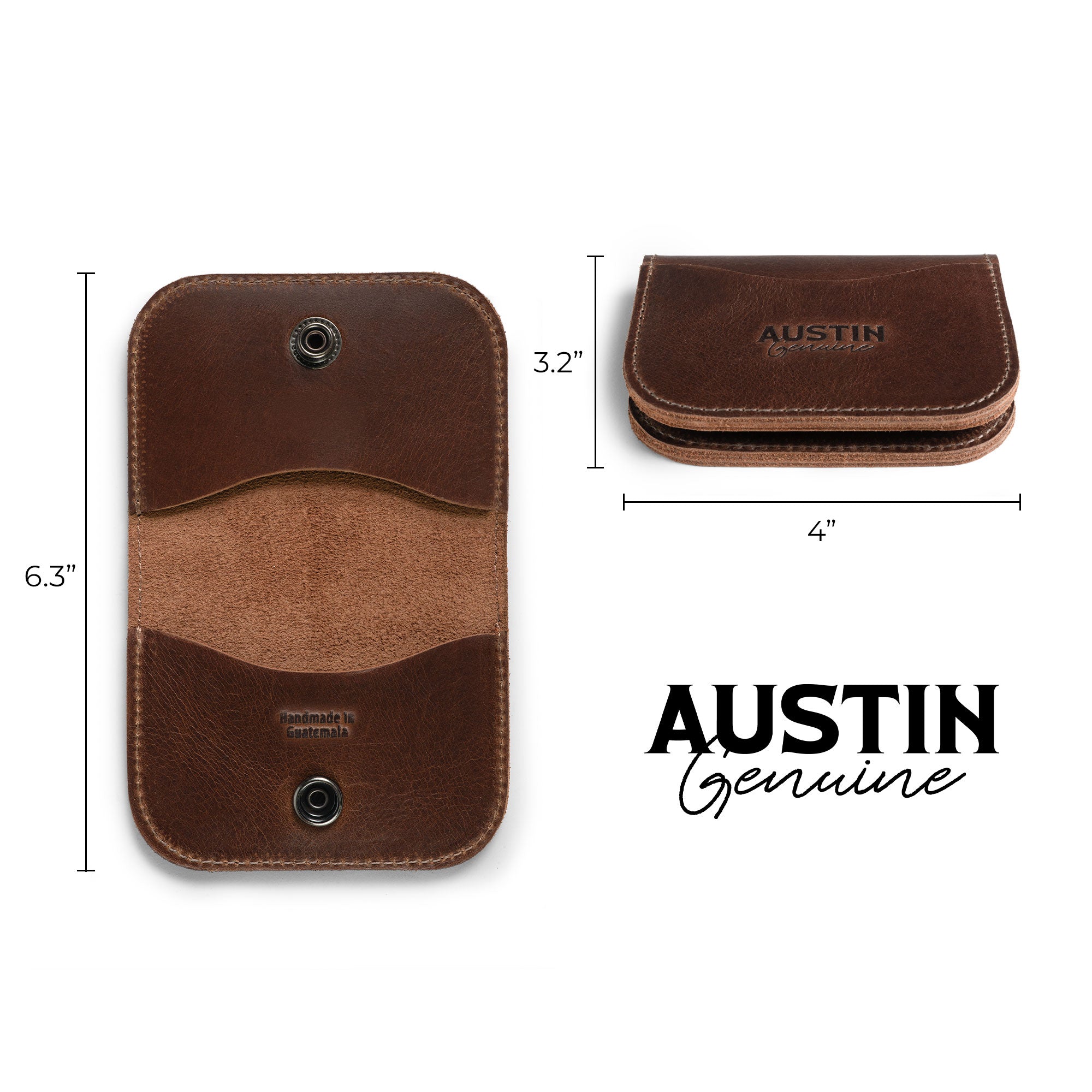 Austin Genuine The Magnolia Card Wallet shown front and side with dimensional measurements and compact card storage design. The Full Grain Leather wallet represents StockyardX Small Batch Production, Hand Cut and Hand Sewn workmanship, Fire Branded Artisan quality, and is Handmade in La Antigua Guatemala & Oaxaca Mexico.