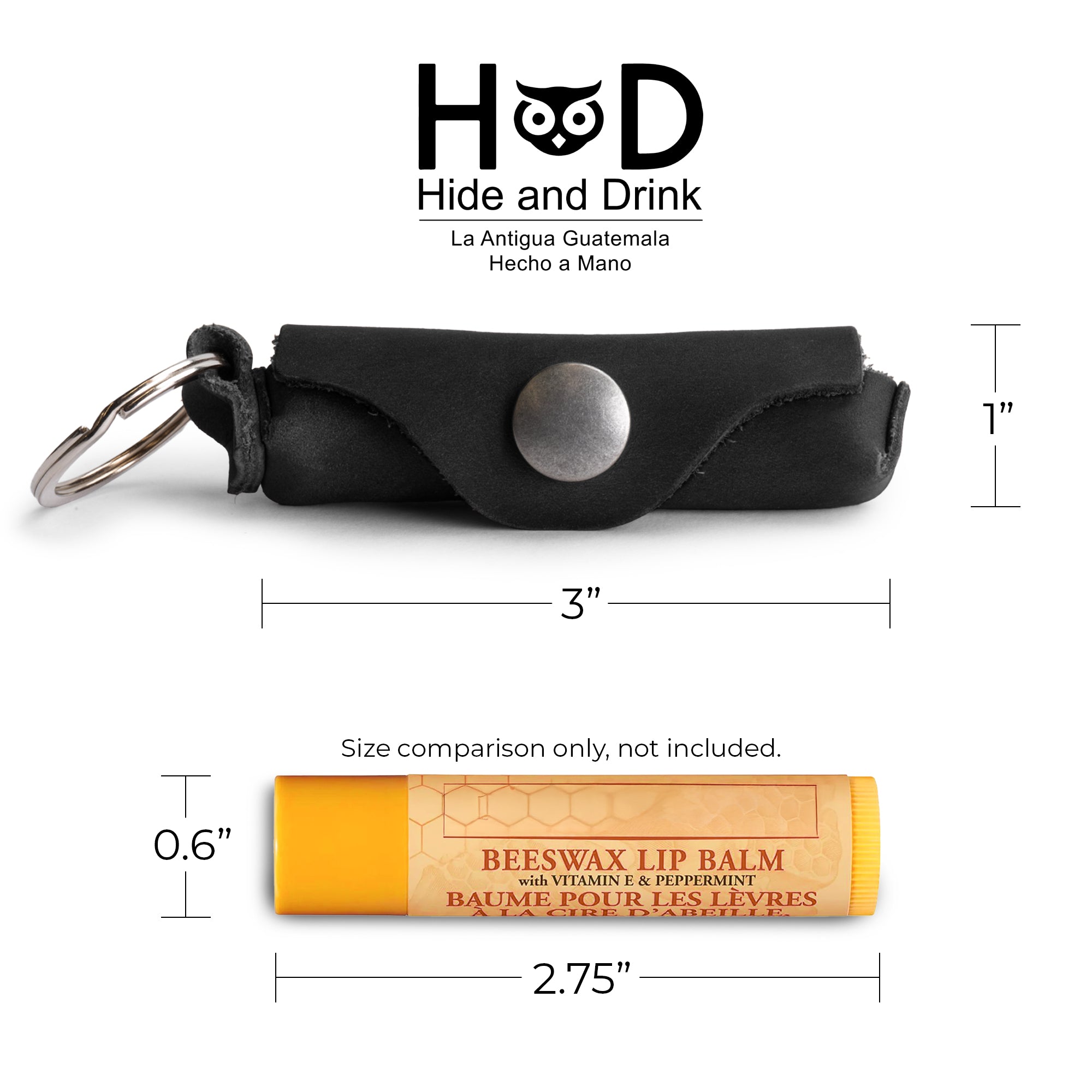 Unique Lip Balm Key Chain by Hide & Drink with an innovative design for easy lip balm access. Made from full grain leather with a brass metal clasp, artisan crafted in La Antigua Guatemala.