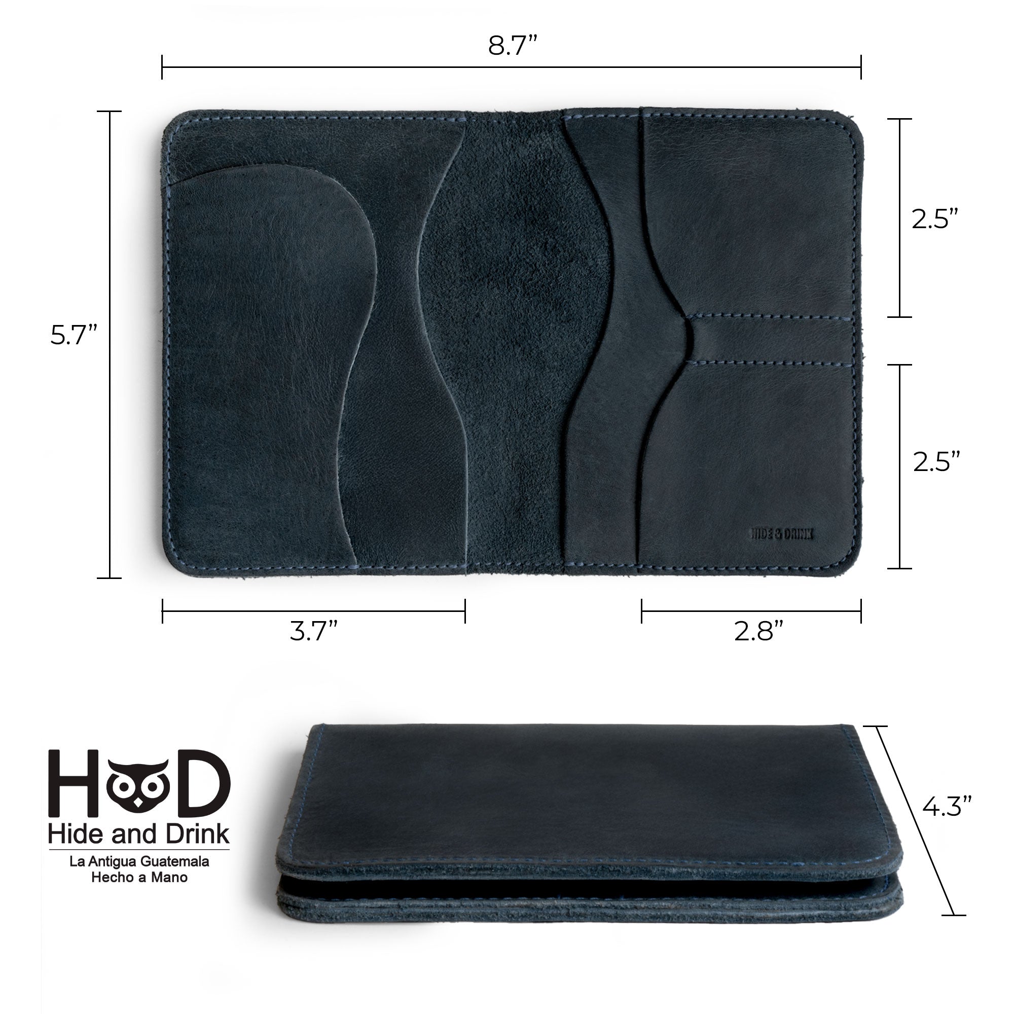 An open view of the navy Hide & Drink Double Passport Wallet W/Key Slot, highlighting the unique rustic case for bills and keys, showcasing artisan craftsmanship in leather making.