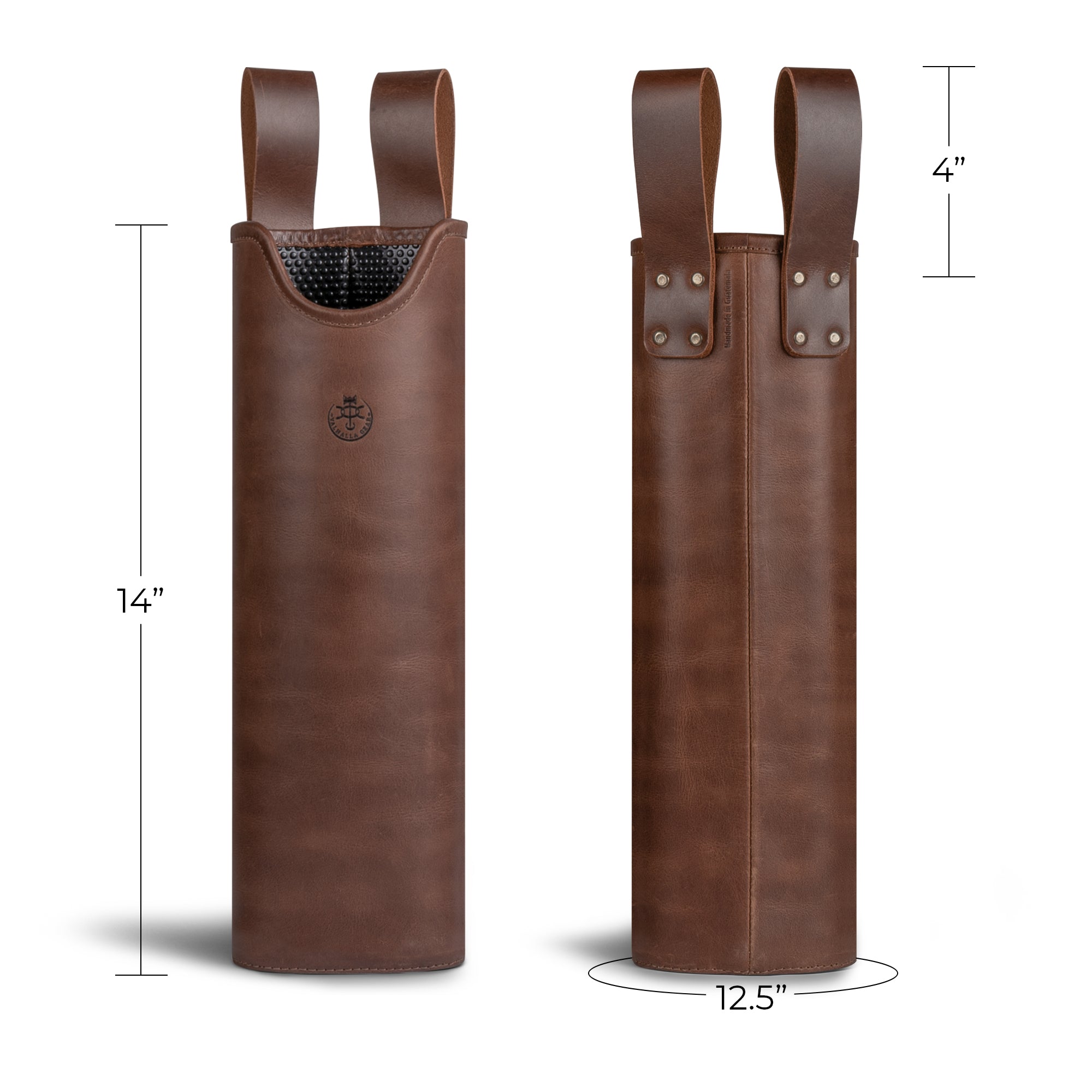 Dimensions of The Orval, Bolts Hip Quiver highlighted in a stylish layout. This full grain leather crossbow quiver measures 14 inches tall and 12.5 inches in circumference, making it an ideal storage carrier for arrows. Valhalla Gear's commitment to small batch production and artisan craftsmanship is evident in this unique hip arrow holder designed for hunting and archery.