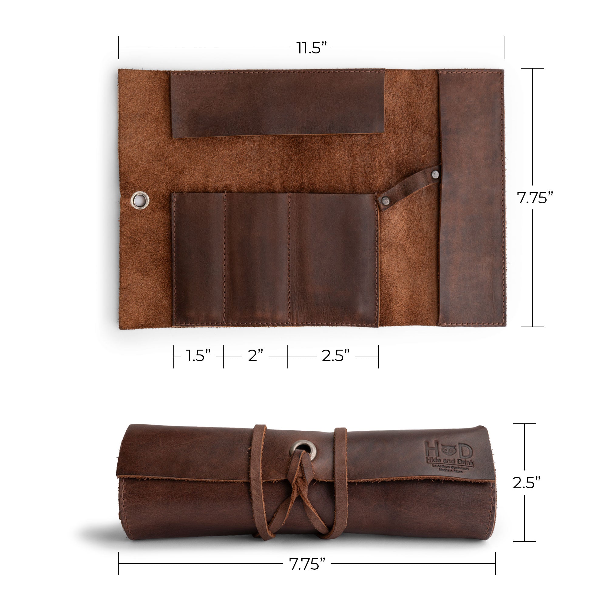 Hide & Drink Multi Purpose Pencil Roll dimensions shown, offering a practical guide for this organizer suitable for various uses. This handmade pencil roll pouch showcases fine full grain leather, embodying small batch production and rustic elegance for craft and work essentials.