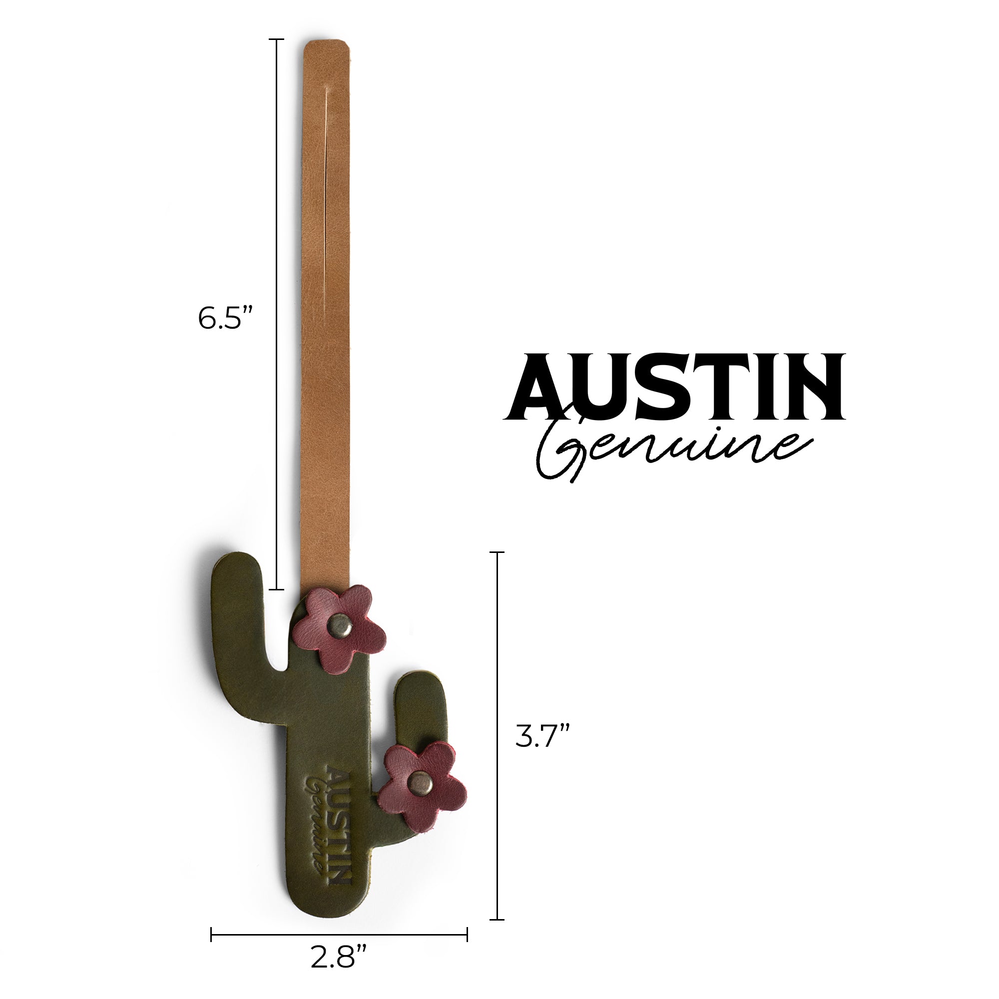 Bag Charms by Austin Genuine describes the dimensions of a cactus bag charm. This Austin Genuine Bag Charm showcases 7 unique designs made with full grain leather from StockyardX, crafted through small batch production, hand cut, hand sewn, and fire branded, artisan, handmade in La Antigua Guatemala & Oaxaca Mexico.
