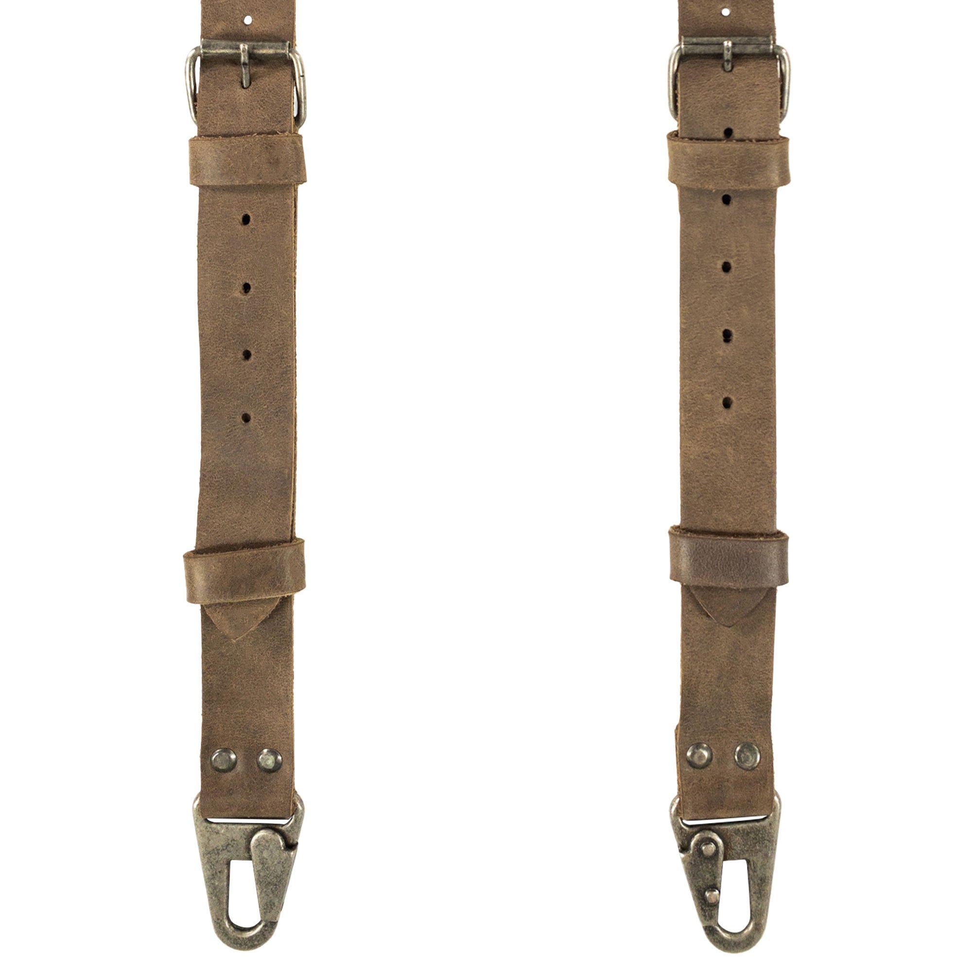 Close-up of the adjustment straps on Vintage Renaissance Suspenders by Hide & Groom, demonstrating the artisan craftsmanship with full grain leather and metal hooks, perfect for creating a stylish steampunk look.