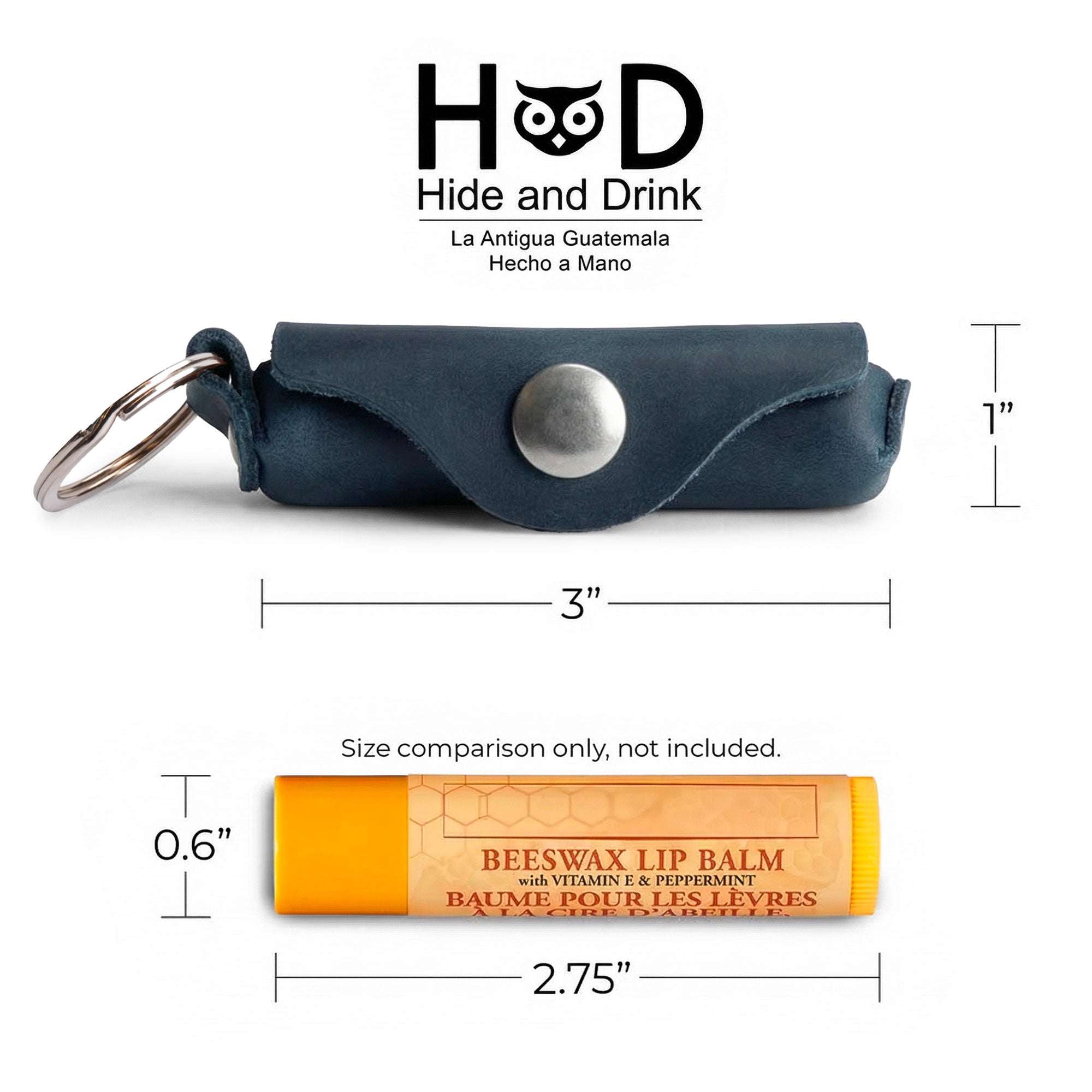 Detailed sizing comparison for the Hide & Drink Lip Balm Key Chain alongside a standard lip balm, emphasizing its practicality. Handcrafted and fire branded, this keychain is an essential for lip protection.