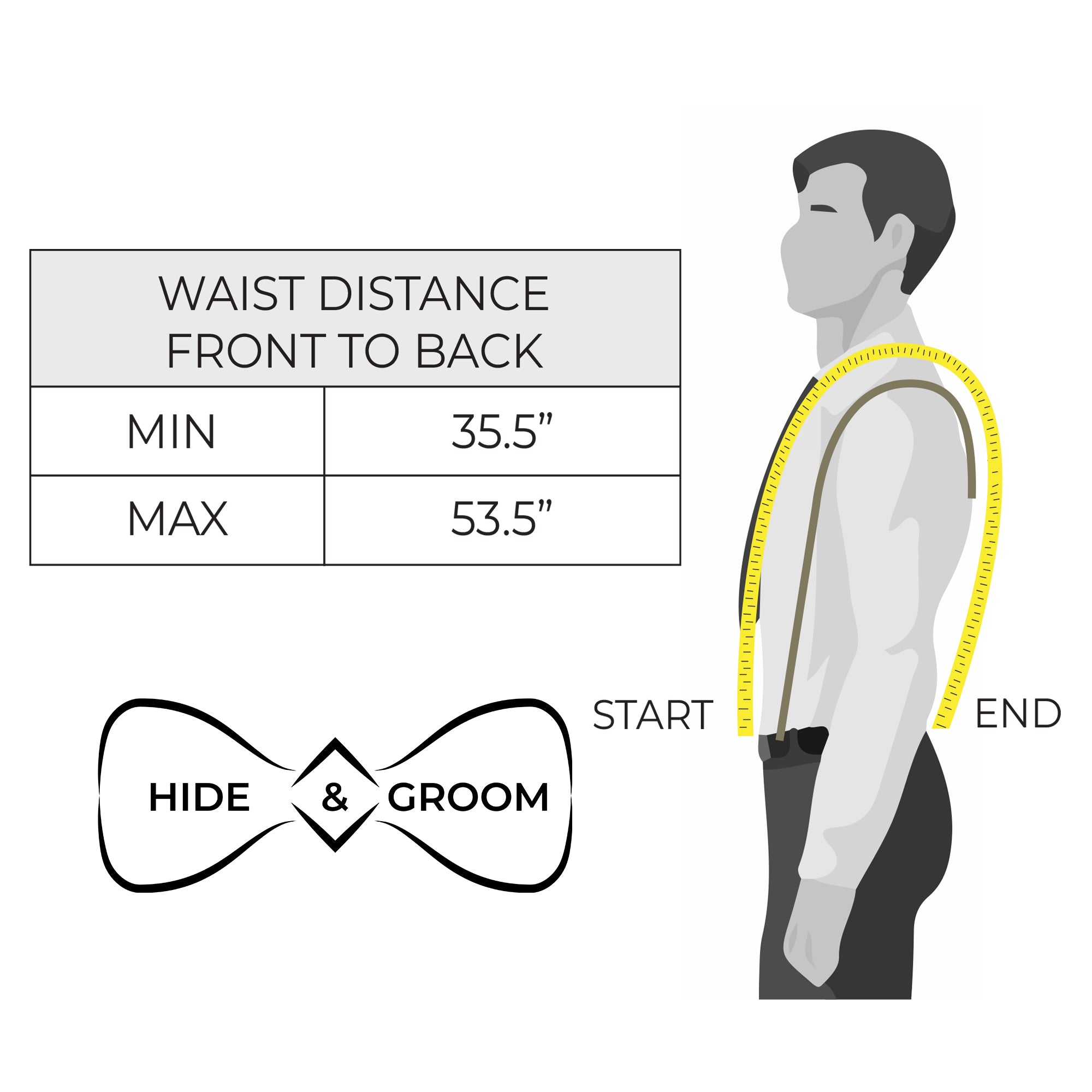 Measuring guide for Hide & Groom's X Back Formal Suspenders, illustrating dimensions for comfortable wear. Made from full grain leather, these suspenders provide essential shoulder support, making them an excellent wedding accessory for grooms. Each pair is hand cut and sewn with attention to detail by artisans in La Antigua Guatemala, ensuring the utmost quality.