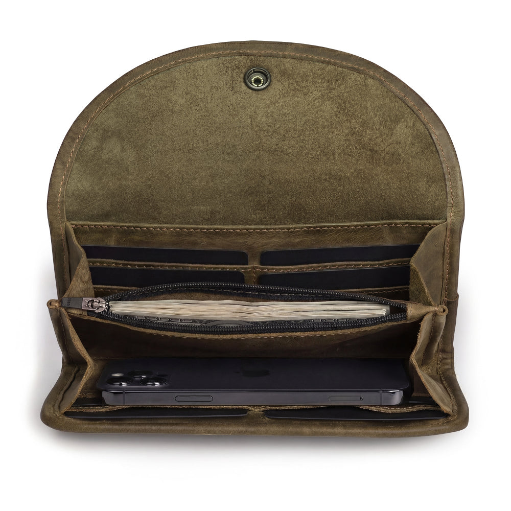 Open view of the olive green Single Snap Zippered Wallet by Hide & Drink, highlighting its functional layout. This Snap Clutch Wallet for Women is a versatile money holder and card organizer with a zippered pouch, made from premium full grain leather and artisan crafted in La Antigua Guatemala.