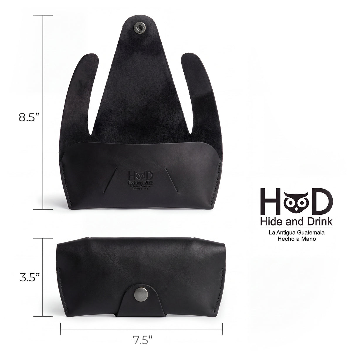 Dimensions overview of the black Foldable Sunglass Case by Hide & Drink, showcasing its size specifications. This Full Grain Leather case emphasizes the artisan quality and meticulous craftsmanship found in small batch production.