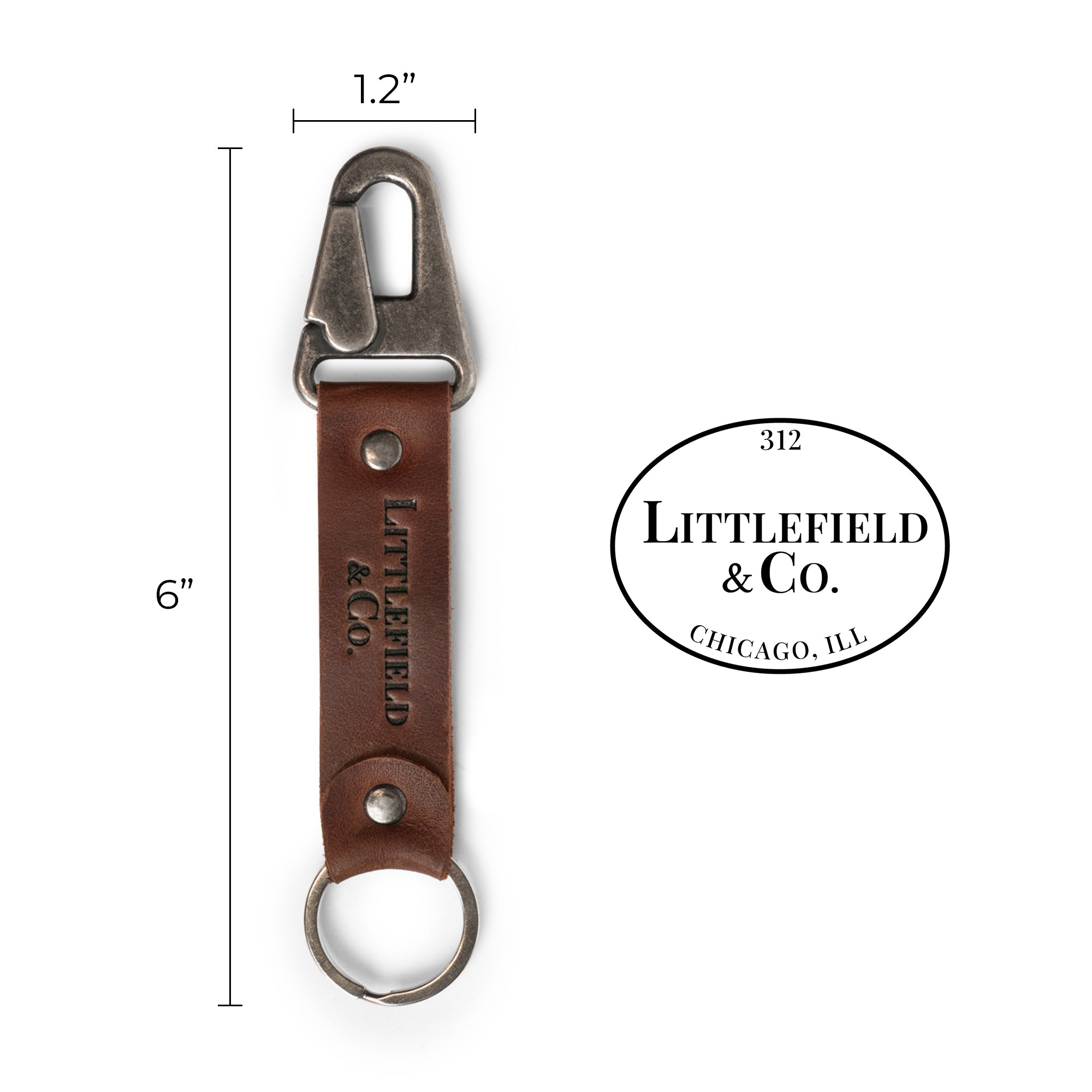 The Vintage Adventure Keychain, designed by Littlefield Chicago, displays dimensions of 6 inches in length and 1.2 inches in width, featuring a keychain with clasp. Perfect for men, this stylish rectangular key chain is a must-have travel accessory for small key organization and storage. Made from full grain leather, it highlights stockyardX principles through handcrafted quality in small batch production, with hand cut and hand sewn details, fire branded by artisans in La Antigua Guatemala & Oaxaca Mexico.